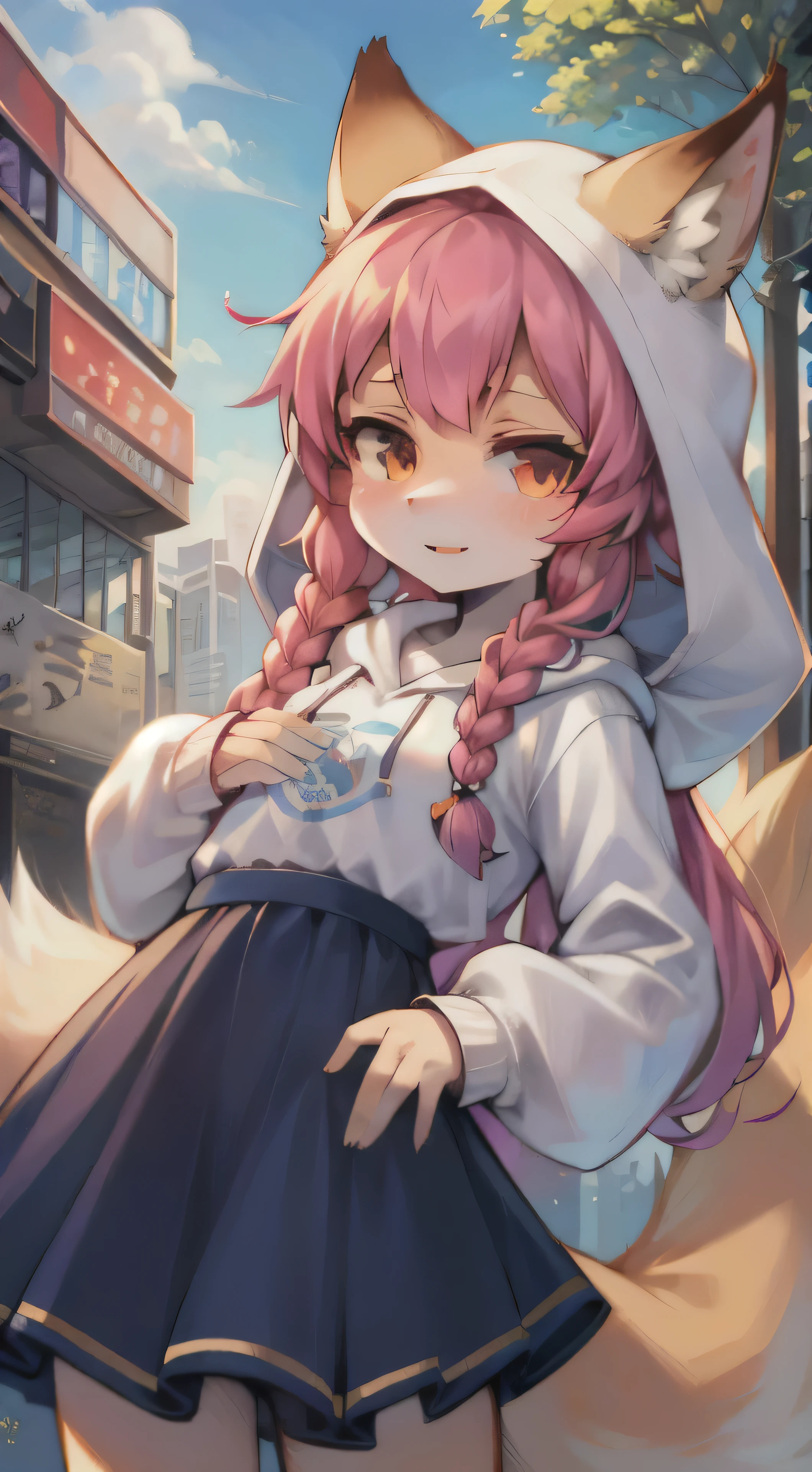 Amidst the bustling city of Tokyo, a teenage girl with a pair of alluring fox ears stands still, looking directly at the viewer with an inquisitive expression. Her multicolored hair, adorned with a vibrant hair ornament, falls in twin braids that cascade down her back. Her fox tail, as fluffy as a cloud, swishes gently behind her. With a badge of her favorite anime character pinned to her chest, she wears a white hoodie with clothes writing, the hood down to reveal her bangs framing her face. Her straight-up attire includes a long-sleeved white shirt and a blue skirt, and she shows