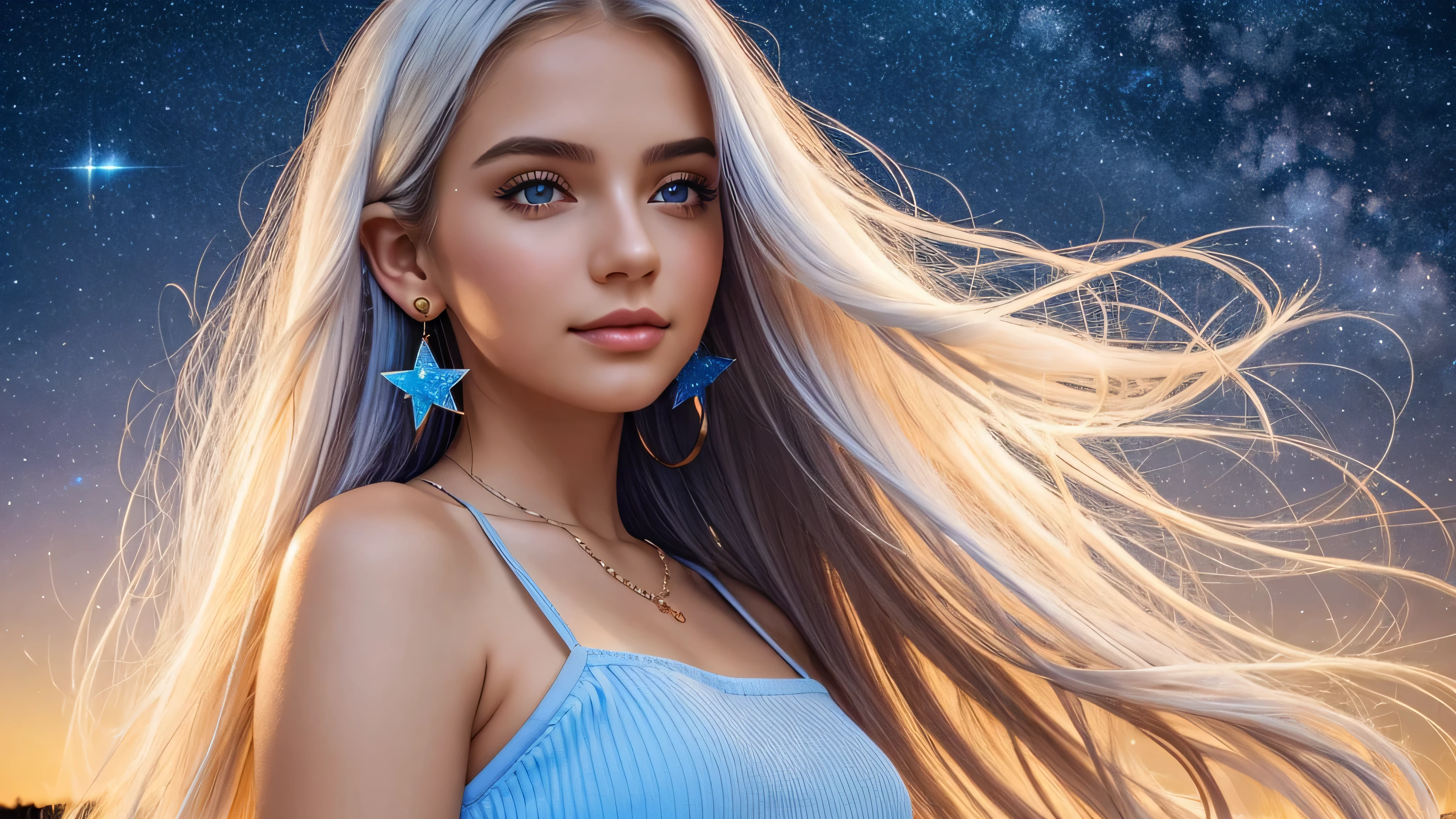 Beautiful realistic girl with BRIGHT WHITE-BLUE long hair ,Close-up of clean skin with detailed skin ,full length,in a short miniskirt,on an orange background ,Against the background of the starry sky,bright makeup,EARRINGS WITH GLITTERS,high quality,soft colors,