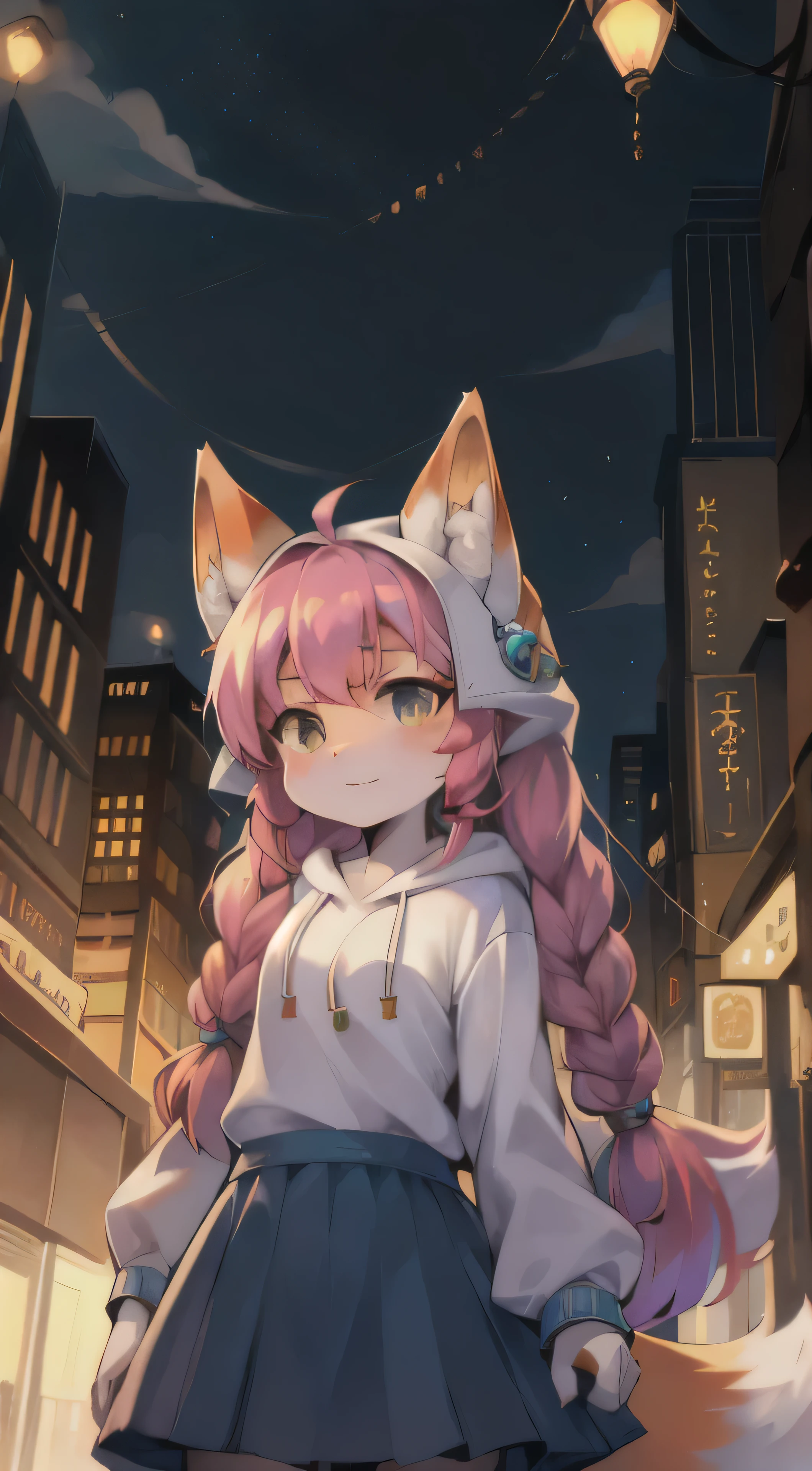 Amidst the bustling city of Tokyo, a teenage girl with a pair of alluring fox ears stands still, looking directly at the viewer with an inquisitive expression. Her multicolored hair, adorned with a vibrant hair ornament, falls in twin braids that cascade down her back. Her fox tail, as fluffy as a cloud, swishes gently behind her. With a badge of her favorite anime character pinned to her chest, she wears a white hoodie with clothes writing, the hood down to reveal her bangs framing her face. Her straight-up attire includes a long-sleeved white shirt and a blue skirt, and she shows