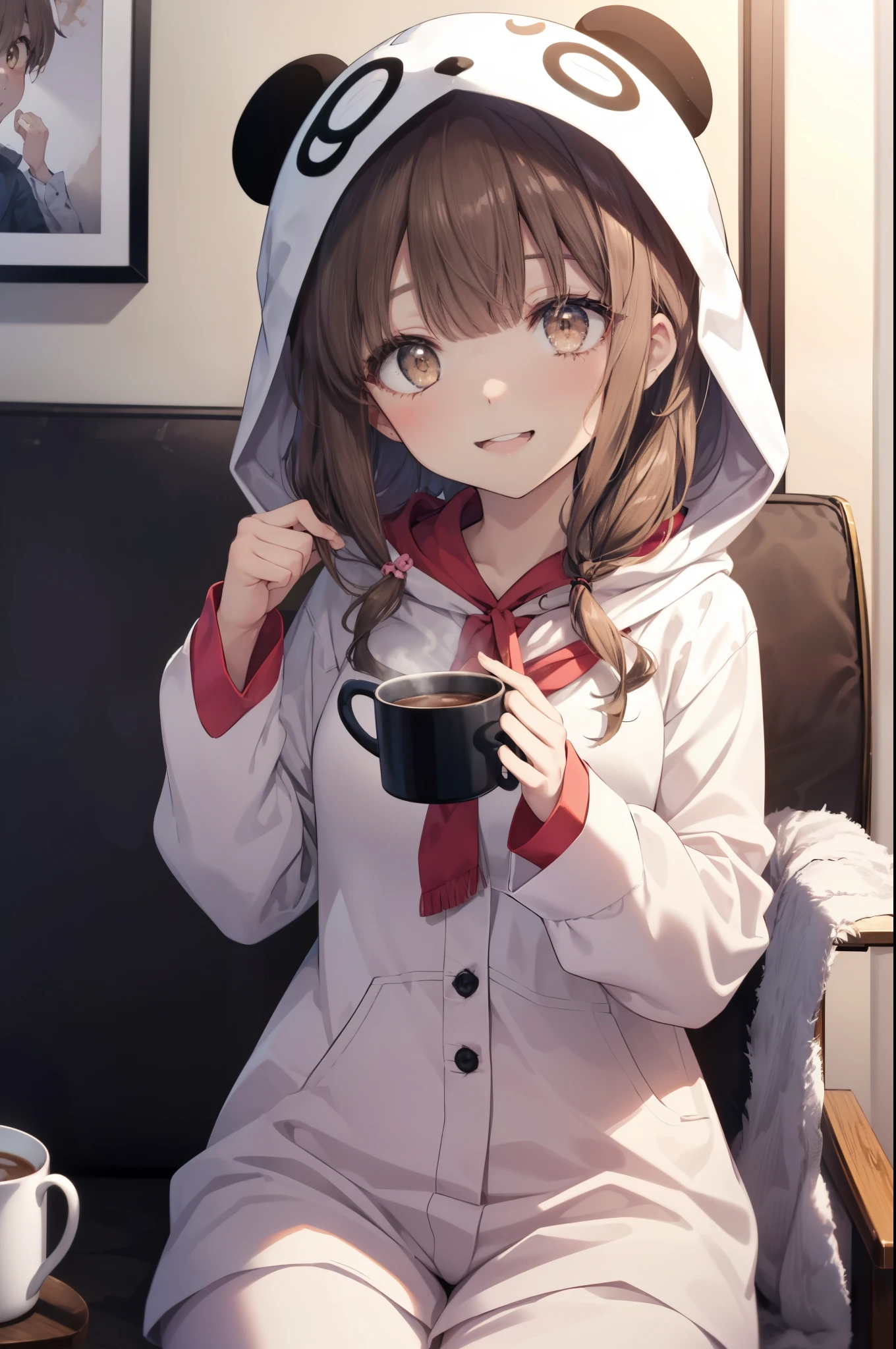 kaedeazusagawa, kaede azusagawa, long hair, bangs, brown hair, (brown eyes:1.5), smile, open your mouth,blush,
break animal ears, hood, pajamas, animal hood, Animal Costumes, panda ears,sitting on the sofa,Holding a mug in both hands,morning,morning日
break indoors,部屋
break looking at viewer, (cowboy shot:1.5),
break (masterpiece:1.2), highest quality, High resolution, unity 8k wallpaper, (figure:0.8), (beautiful deしっぽed eyes:1.6), extremely deしっぽed face, perfect lighting,  (perfect hands, perfect anatomy),