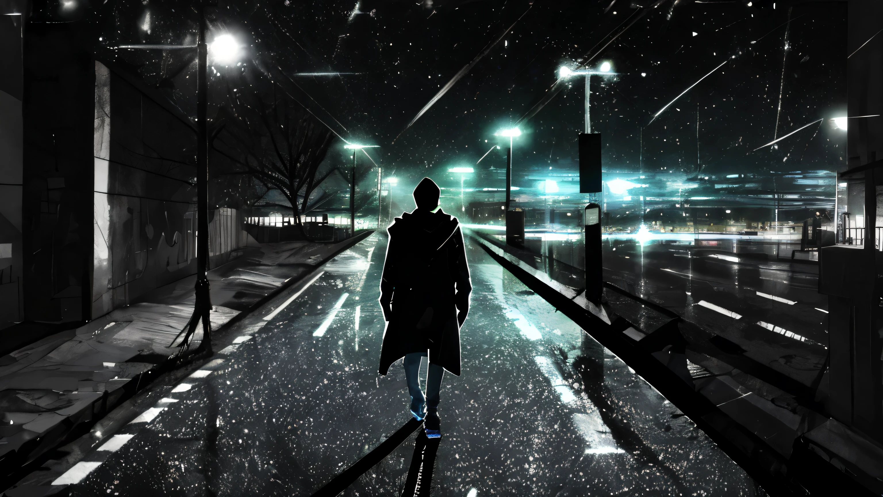 A man with a hood walking lonely to the street at night.