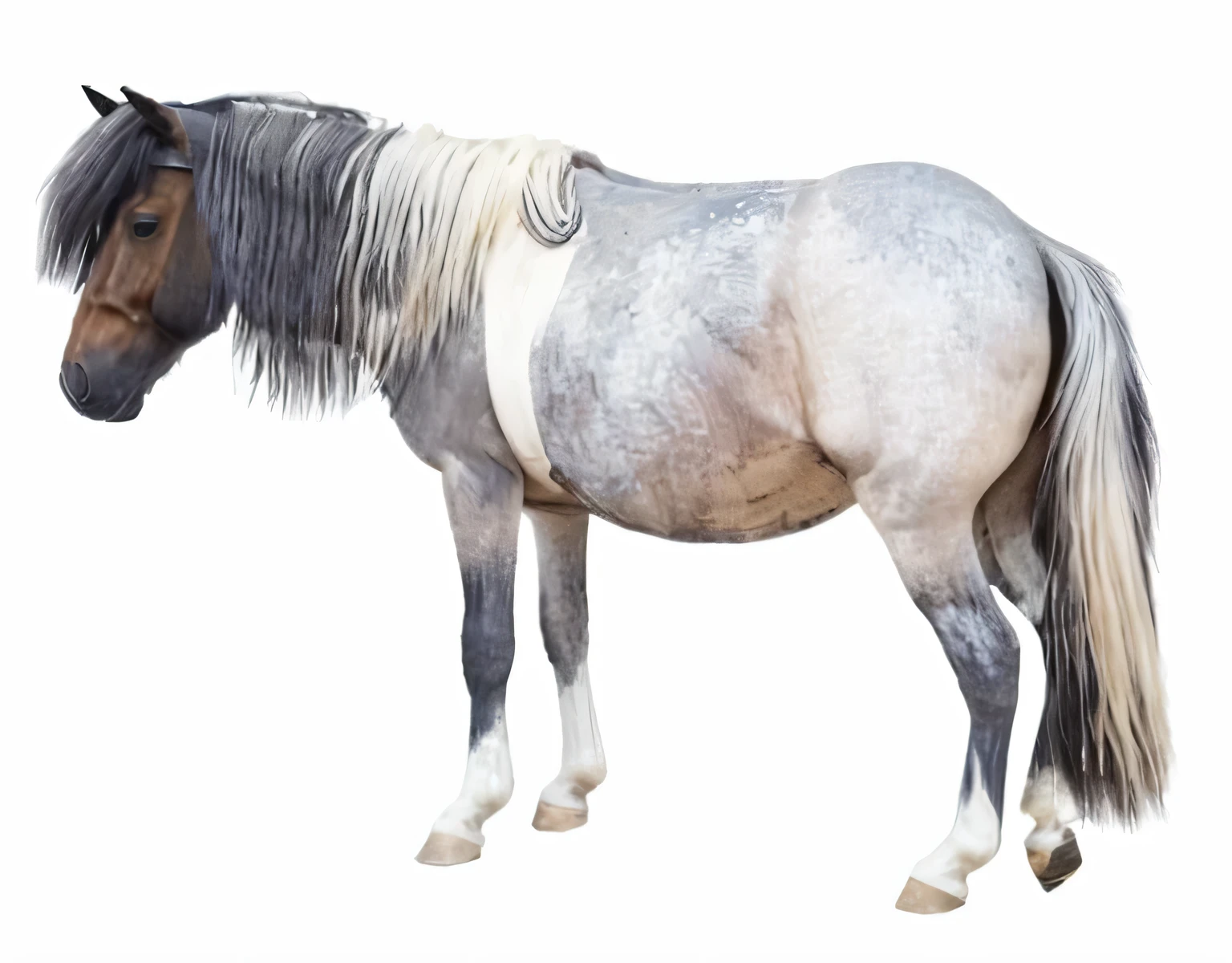 complete side view of horse. a big Belgian draft horse mare with very big bum. horse pulling open wagon. nude BBW African woman riding horse. dung pile under horse bum. raised tail. grass grass field. clear blue sky.