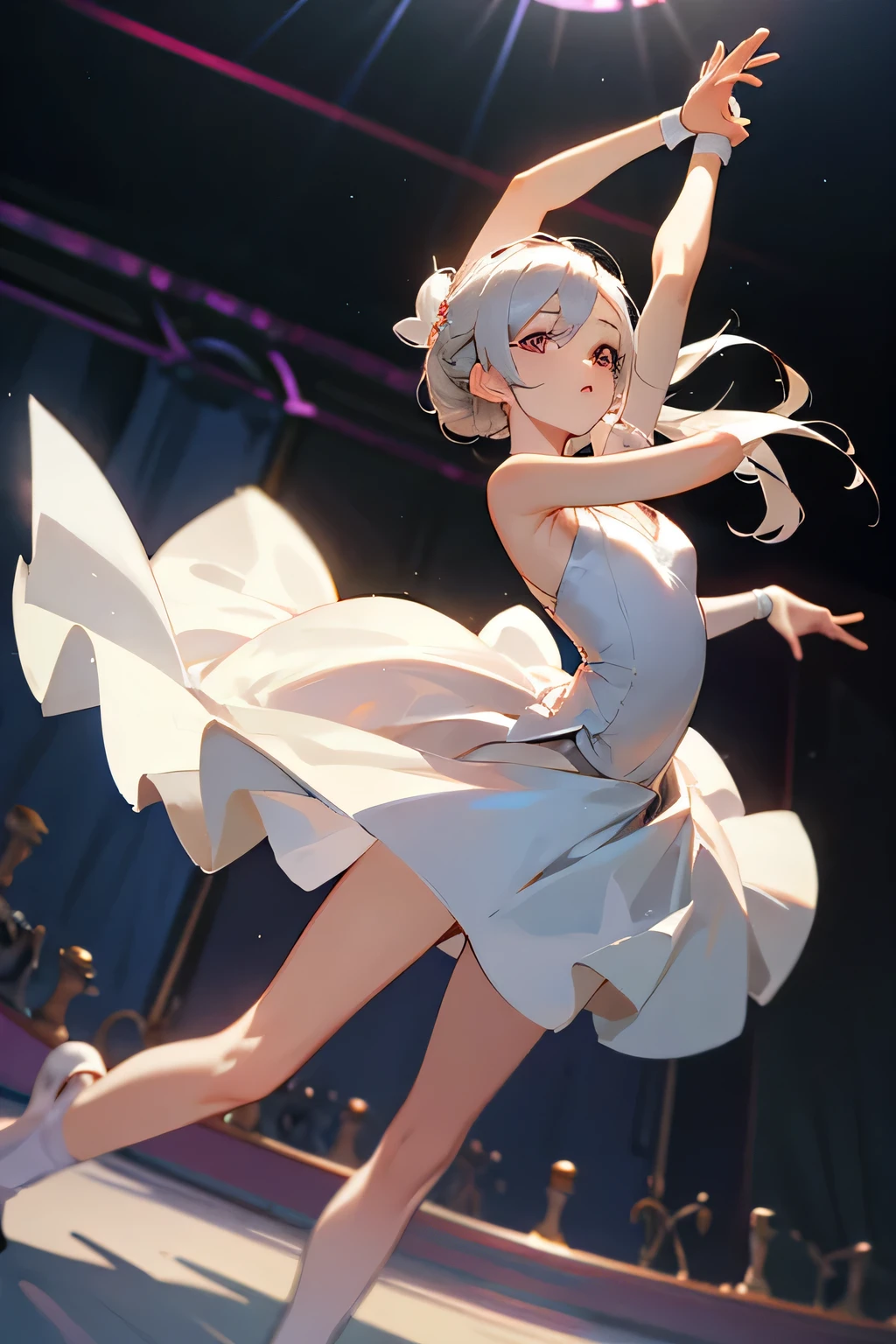 ballerina with white dress on stage black envoriment white spotlight on ballerina anime style hd 2 hands circle spotlight