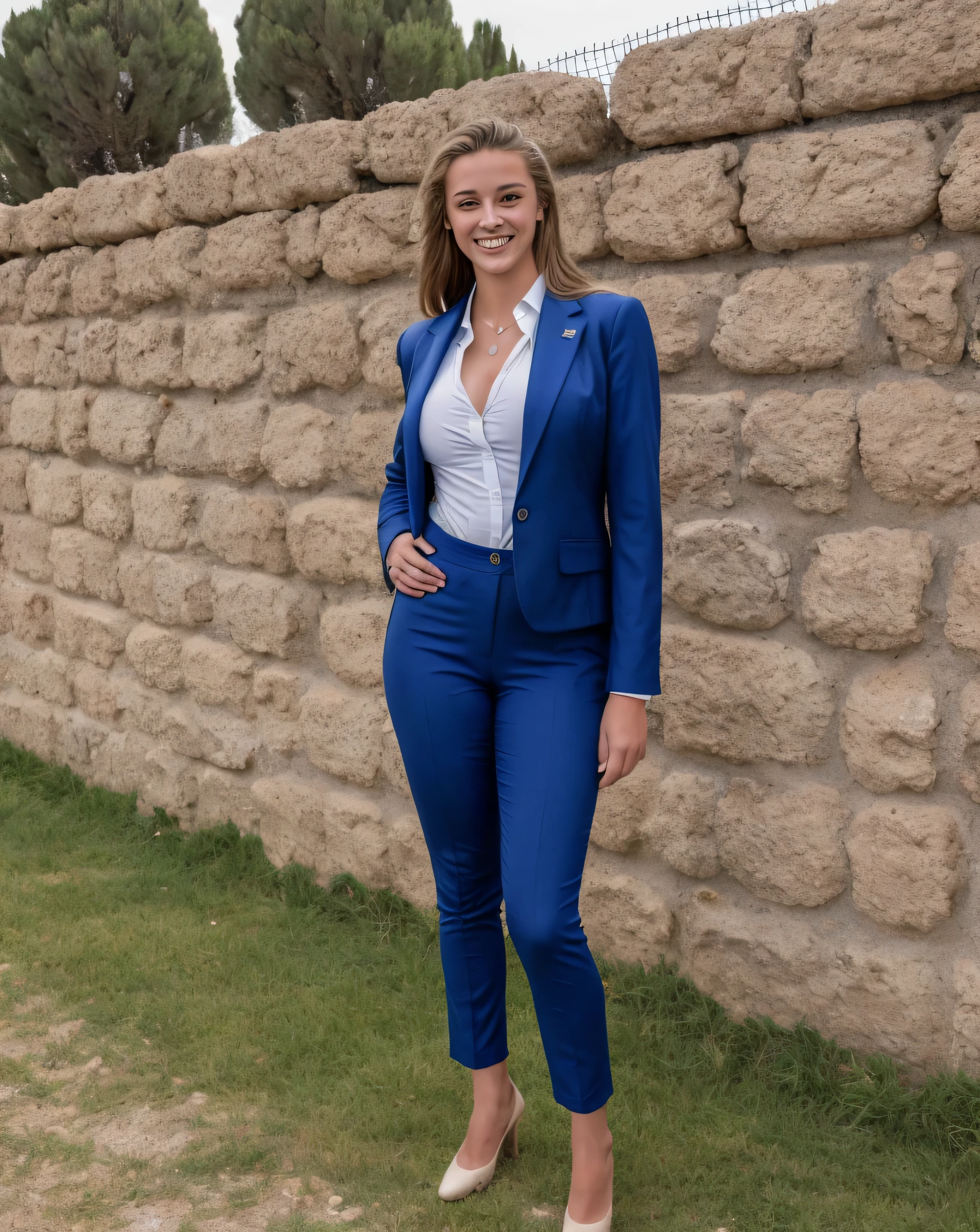 photo of a girl, European appearance, 24 years, weight 70 kilograms, in a jacket and a formal suit, full length, stands against the background of a high fence in Spain, smile, flirts with his eyes