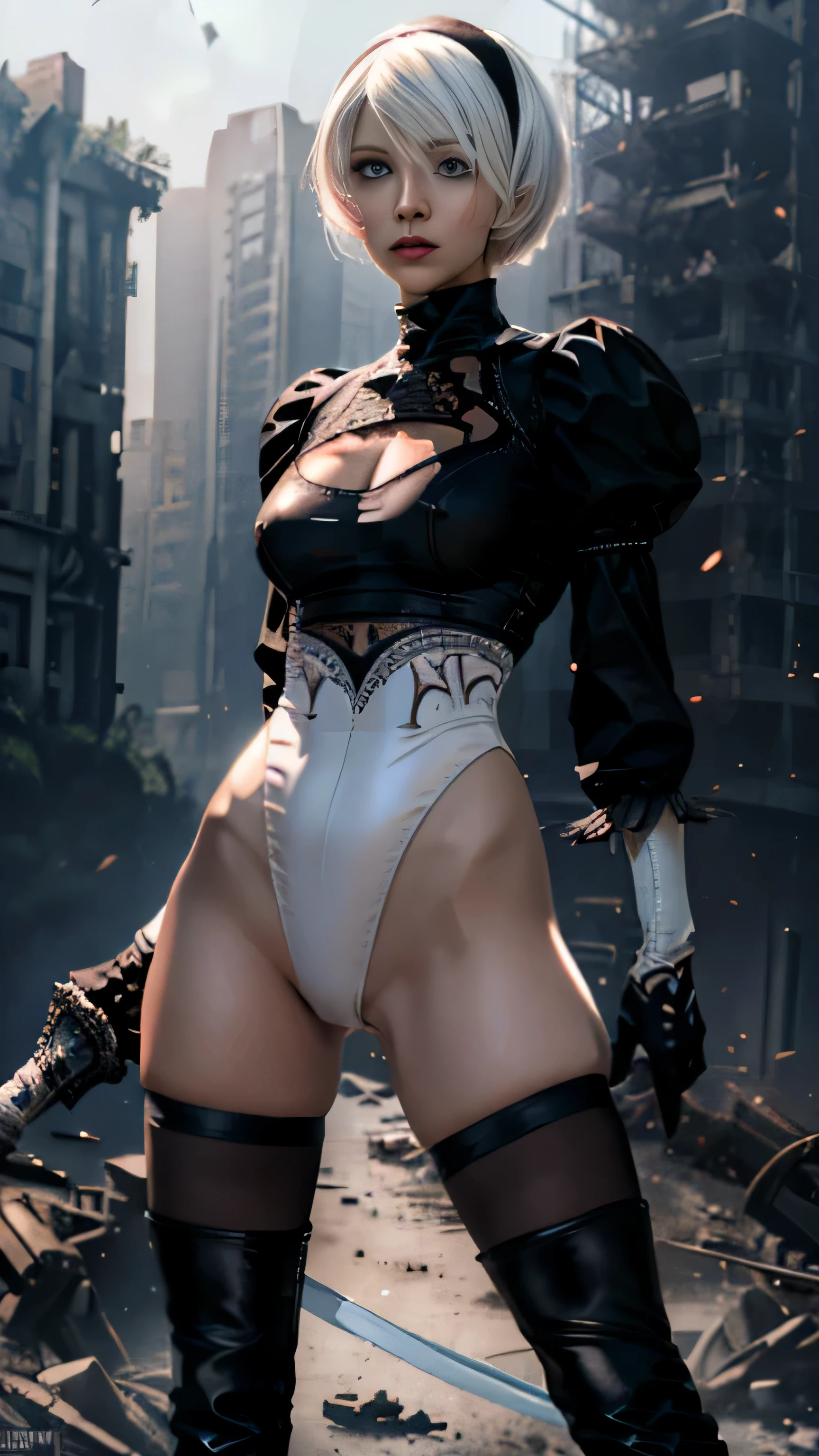 (black short dress:1.3), (spread your legs:1.0), (show panties:1.0), (white panties:1.4), (black long boots:1.8), (black hair band:1.4), (beautiful face:1.5), (detailed face:1.2),  (blue eye masterpiece, 最high quality:1.4), (In the ruined big city), (remains of large machinery:1.5), (Battle against machine lifeforms:1.5), (full body shot:1.3), (1 girl), (has a big sword:1.7), alone, (beautiful european:1.2), YoRHa field.2 type b, (white short hair:1.5),  hyperrealistic, high resolution skin, high quality, highly detailed face, highly detailed skin, skin pores, scattered below the surface, realistic pupils, Medium chest, The whole face turns red, lip whole, detailed background, written boundary depth, volume lighting, sharp focus, confused, realistic proportions, excellent anatomy, (realistic, hyperrealistic:1.4)