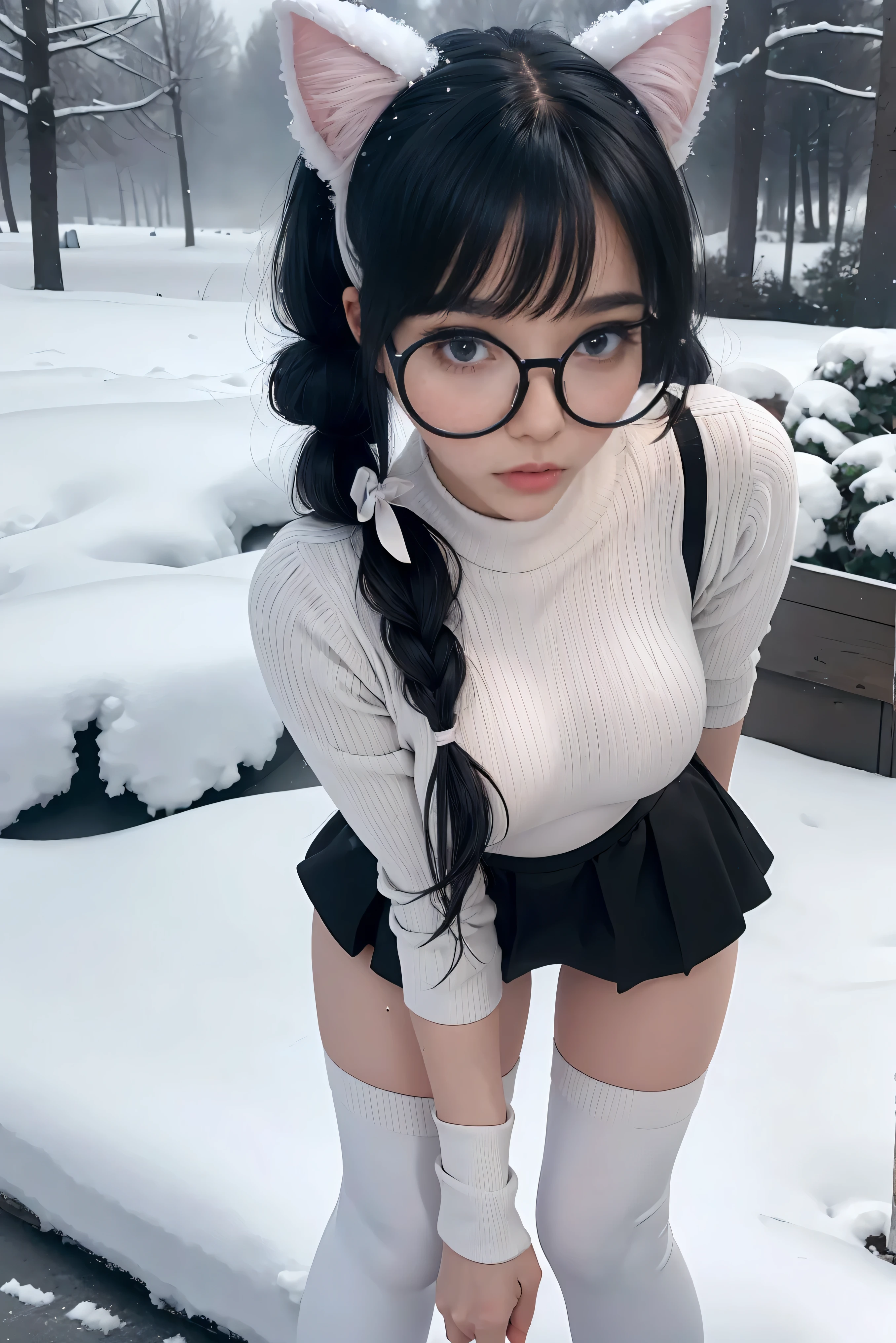 (Best Quality,High resolution:1.2), Ultra-detailed, Realistic portrait, hot very young looking Russian girl, pretty face, perfect long legs, full body, tiny waist. large breasts, standing, tight white cropped jumper, black high waist leggings, pink and white snow boots, in the snow, large blue eyes, long black hair tied up with a ribbon, pigtails, tight high waist mini skirt, woolen socks, hair bangs, snowing, foggy, (large round black rimmed glasses), cat ears, bending over, hands behind back, looking up at camera, visible abs, tight body