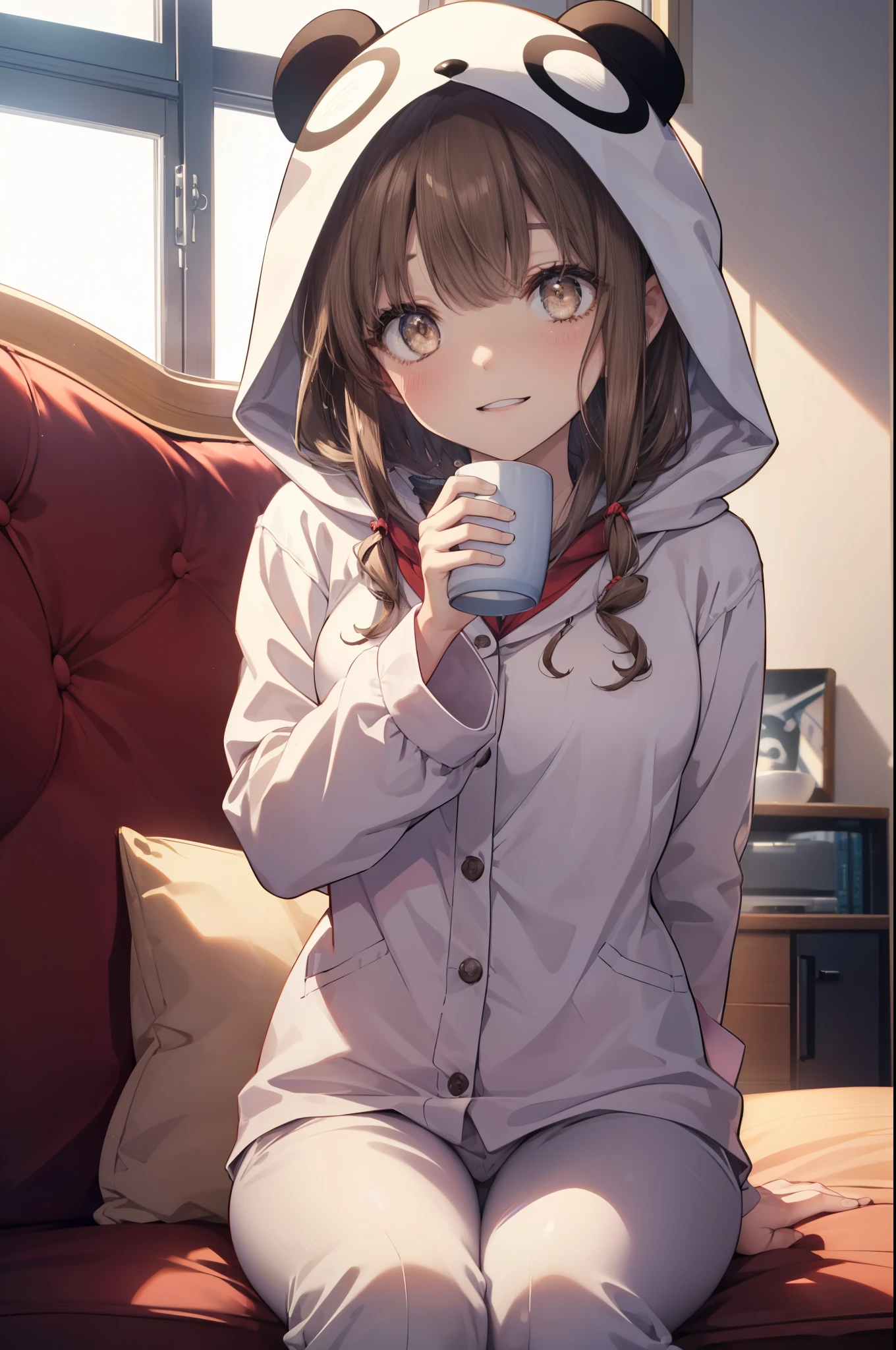 kaedeazusagawa, kaede azusagawa, long hair, bangs, brown hair, (brown eyes:1.5), smile, open your mouth,blush,
break animal ears, hood, pajamas, animal hood, Animal Costumes, panda ears,sitting on the sofa,Holding a mug in both hands,morning,morning日
break indoors,部屋
break looking at viewer, (cowboy shot:1.5),
break (masterpiece:1.2), highest quality, High resolution, unity 8k wallpaper, (figure:0.8), (beautiful deしっぽed eyes:1.6), extremely deしっぽed face, perfect lighting,  (perfect hands, perfect anatomy),