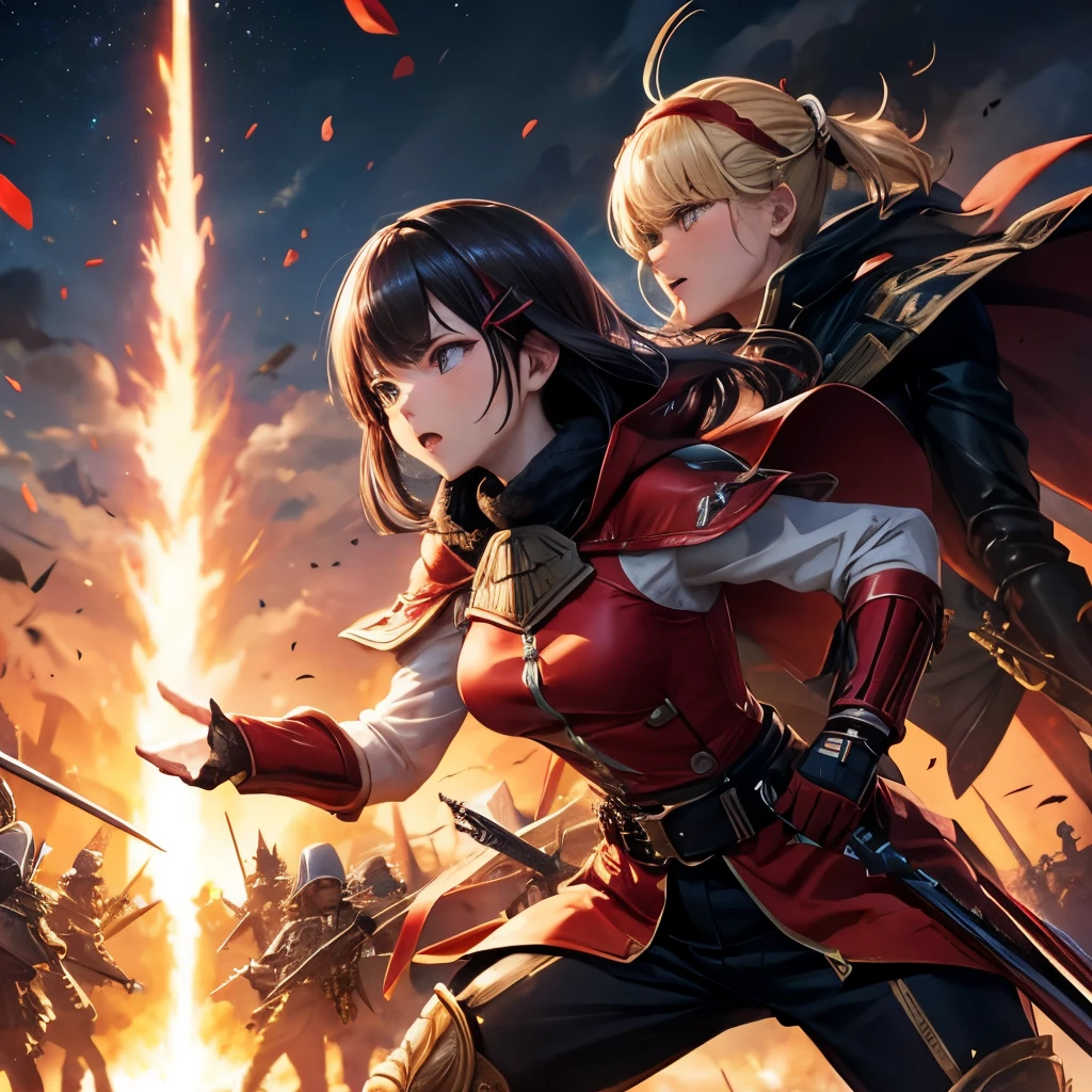 The girls on both sides are attacking each other with magic, one with lightning magic and the other with fire magic.