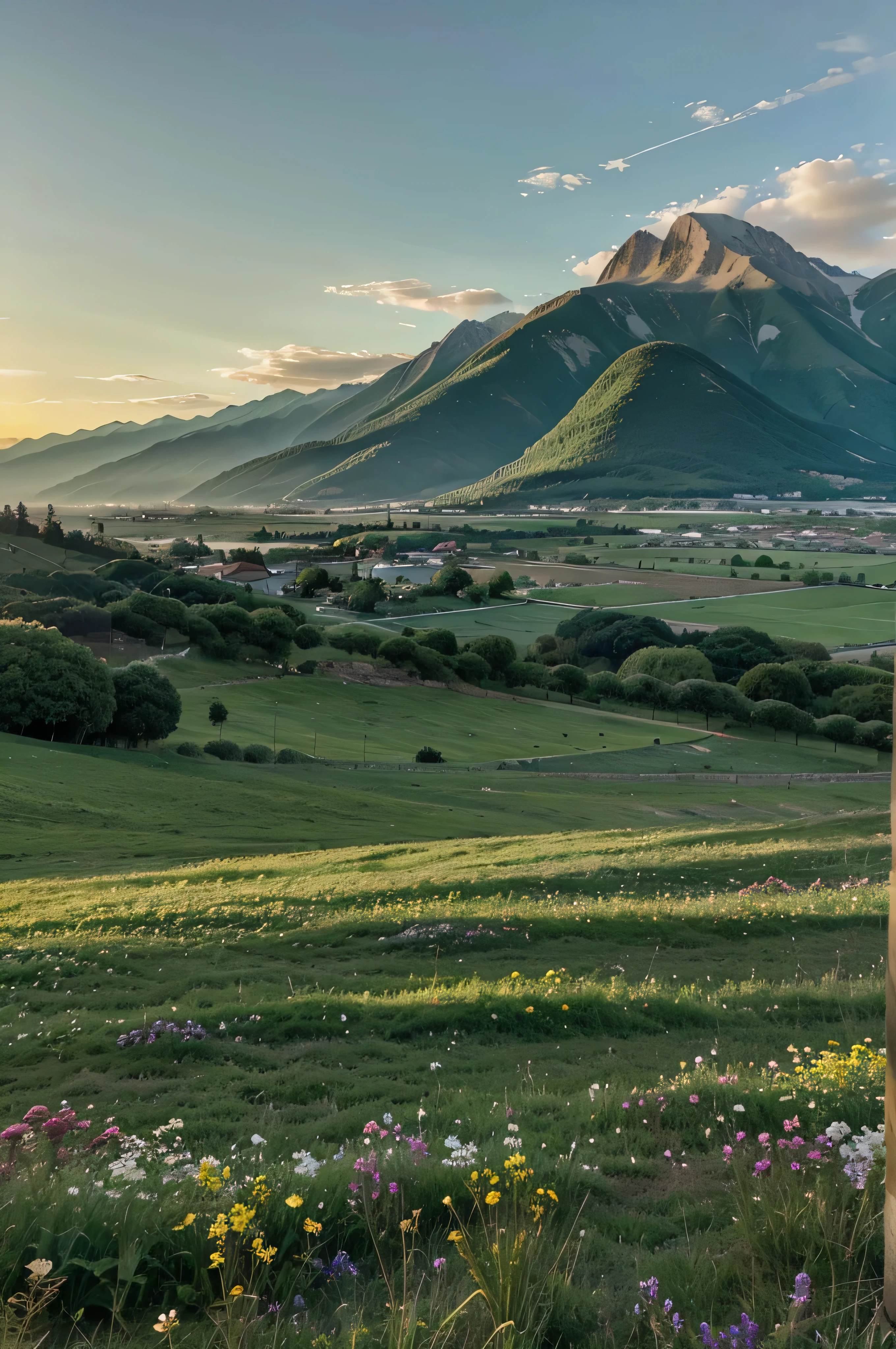 green field full of flowers and distant mountains in the background, atardecer