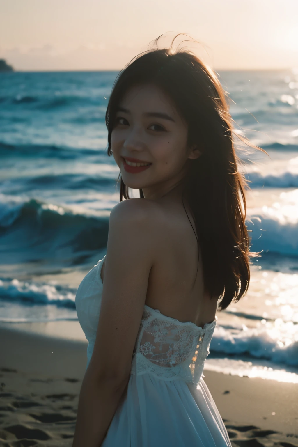 A close up of a woman in a white dress on a beach - SeaArt AI