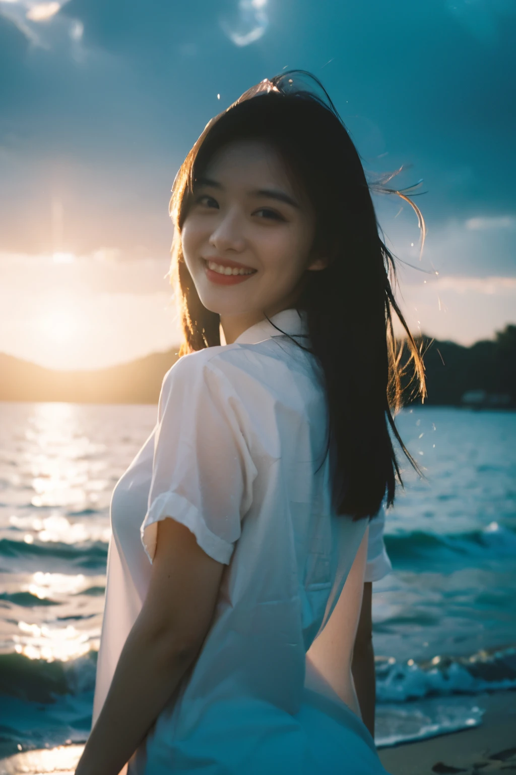 Best Quality,Masterpiece,Ultra High Resolution,(Realisticity:1.4),Original Photo,Cinematic Lighting,
1Girl,smile,backlighting,ocean,
