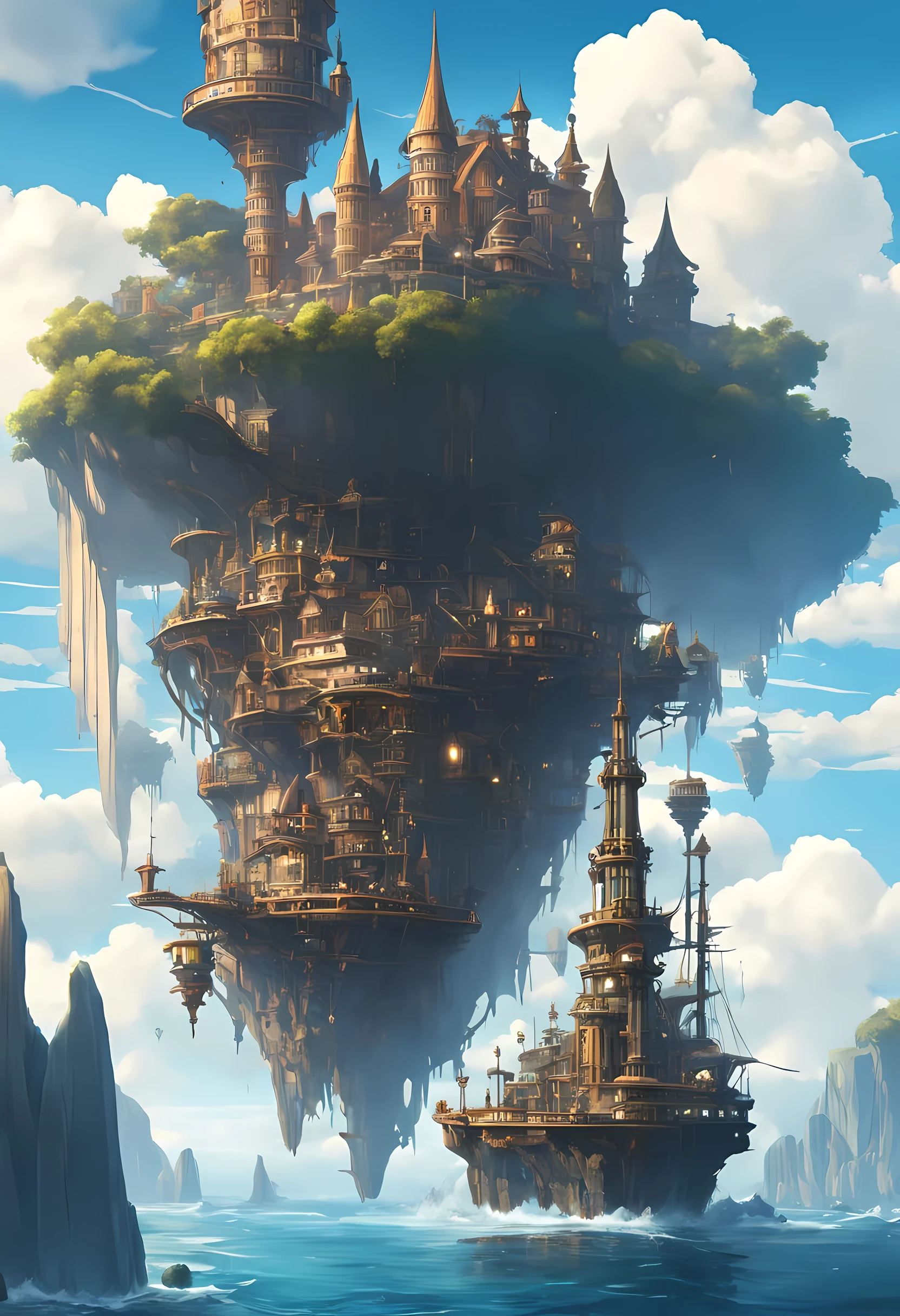 floating island, over the sea, steampunk design, single very tall tower, day time, 4k, masterpiece