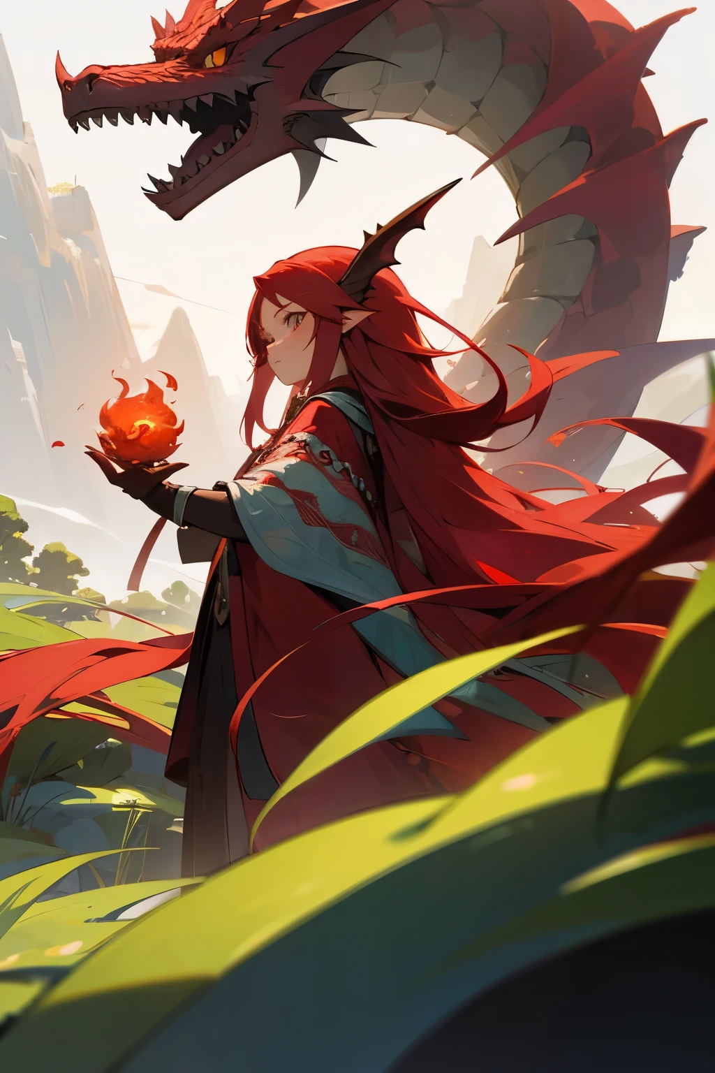 red long hair girl in a finds a red baby dragon she extends her hand to the dragon curious anime style backgorund forest mountains