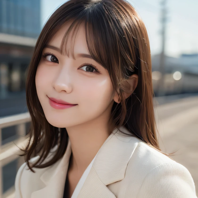table top, highest quality, figure, super detailed, finely, High resolution, 8k wallpaper, 完璧なダイナミックな構figure, detailed and beautiful eyes, wide shot, suit,medium hair, natural color lip, random sexy poses, smile, bullet train, 20 year old girl, lifelike face, real looking skin, realistic eyes, cute