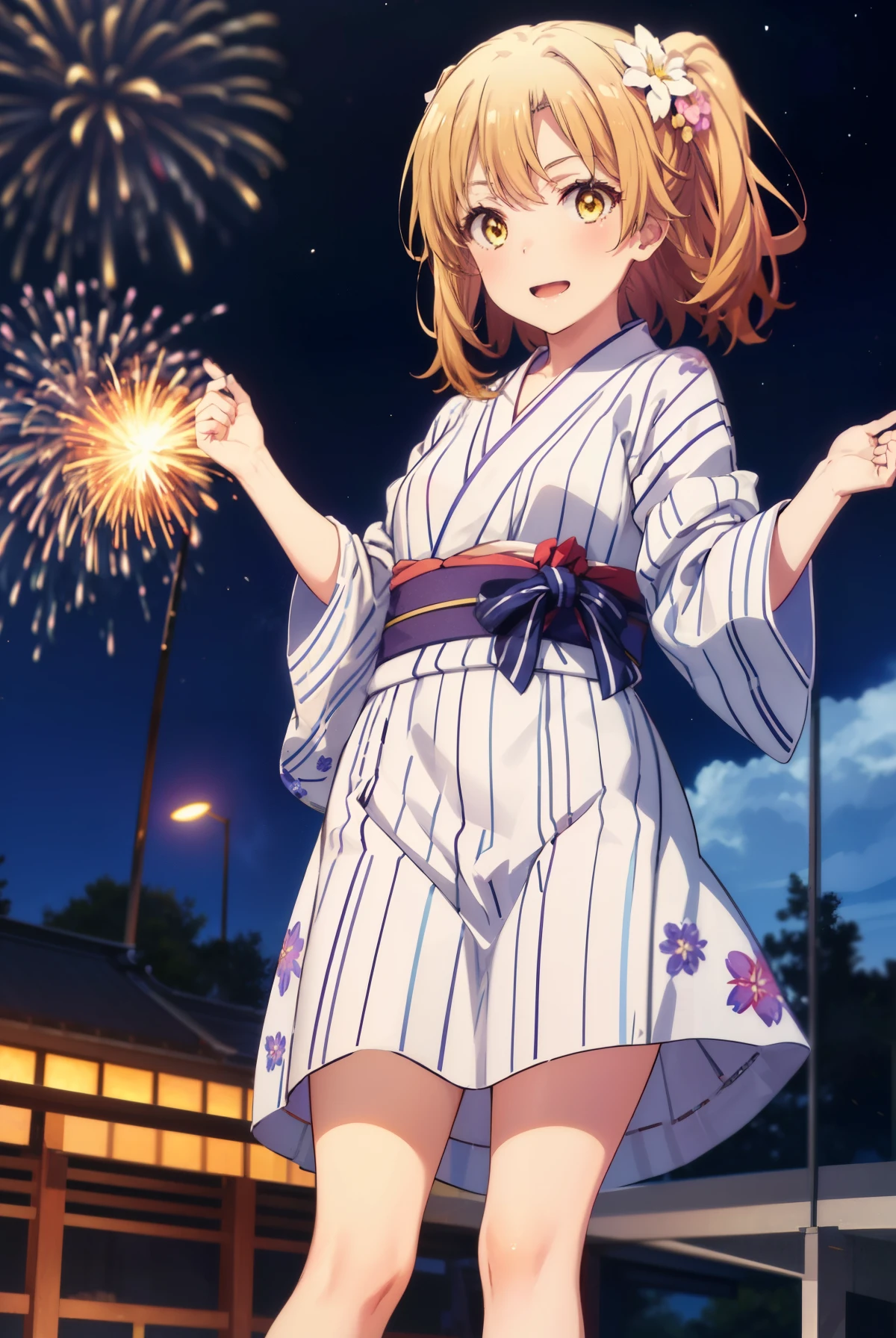irohaisshiki, Isshiki Iroha, long hair, brown hair, (brown eyes:1.5), smile,fox ears,fox tail,flower hair ornament,Yukata with yellow floral pattern,long skirt,Zori sandals,firework in the night sky,firework,The place is a firework display,Time is night,sunny day,So that the whole body is included in the illustration,
break outdoors, 神社
break looking at viewer,
break (masterpiece:1.2), highest quality, High resolution, unity 8k wallpaper, (figure:0.8), (beautiful deしっぽed eyes:1.6), extremely deしっぽed face, perfect lighting, extremely deしっぽed CG, (perfect hands, perfect anatomy),