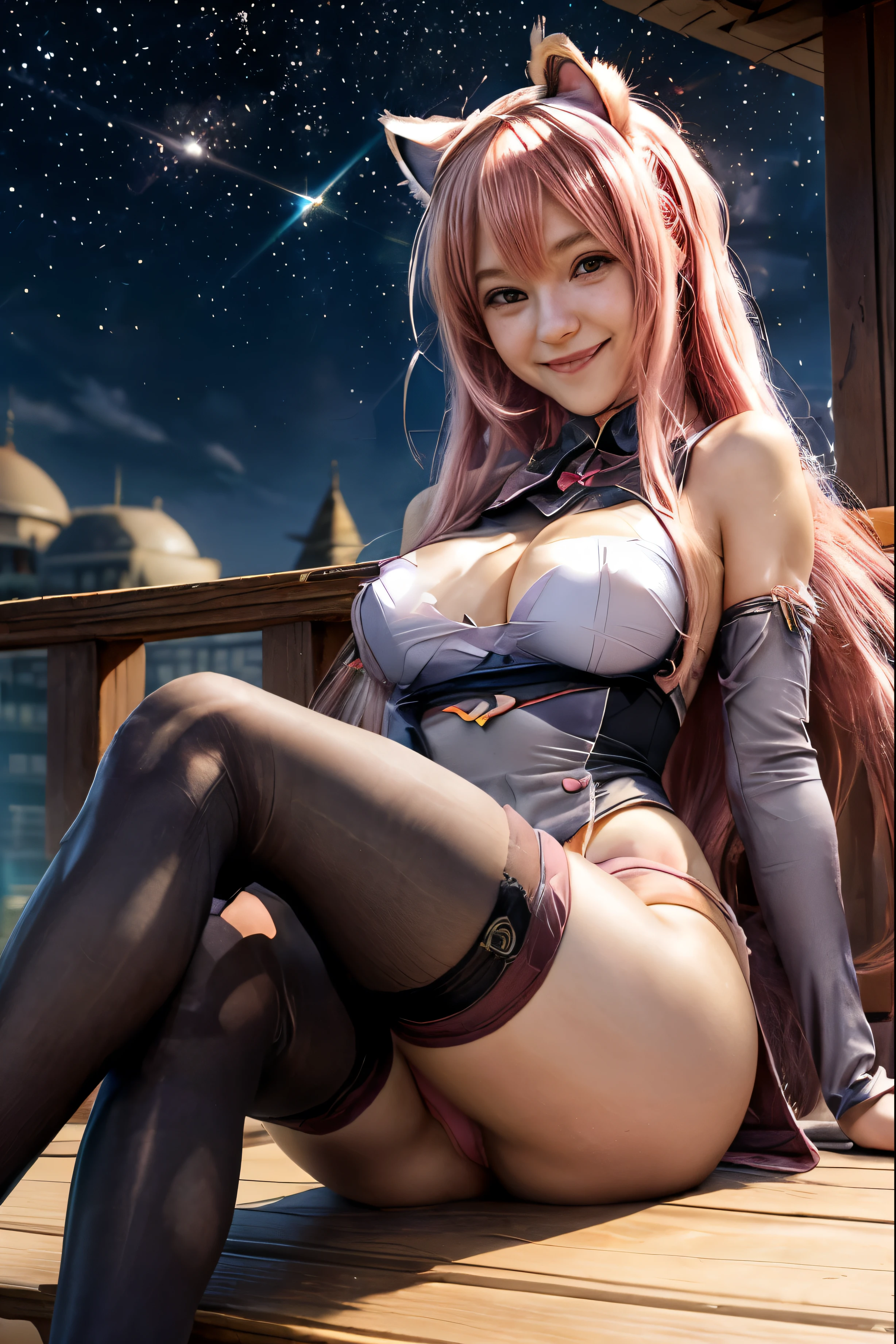 beautiful anime woman, sitting with legs spread, panties visible, camel toe, long pink hair, cute smile, cat ears
