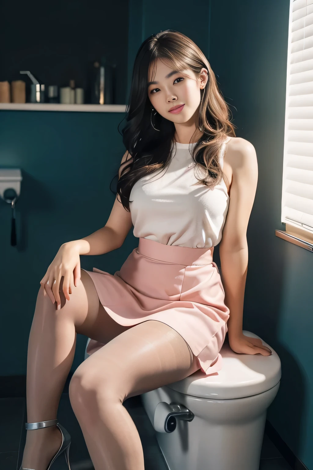 (whole body:1.5)，(1 girl:1.3:１８Year：smile),(show viewer:1.4)，(correct anatomy:1.3),(sitting on the toilet:1.2),(silver high waist dress :1.2：panties:pink),( Extra thick lime pantieshose:1.3),{{( high heels :1.1)}}，(accurate and perfect face:1.3),hyper hd, ray tracing, reflected light， structurally correct, award-winning, high detail, Brighten the contrast of shadows, face lighting ，cinematic lighting, masterpiece, Super detailed, high quality, high detail, 最high quality, 16k，high contrast,