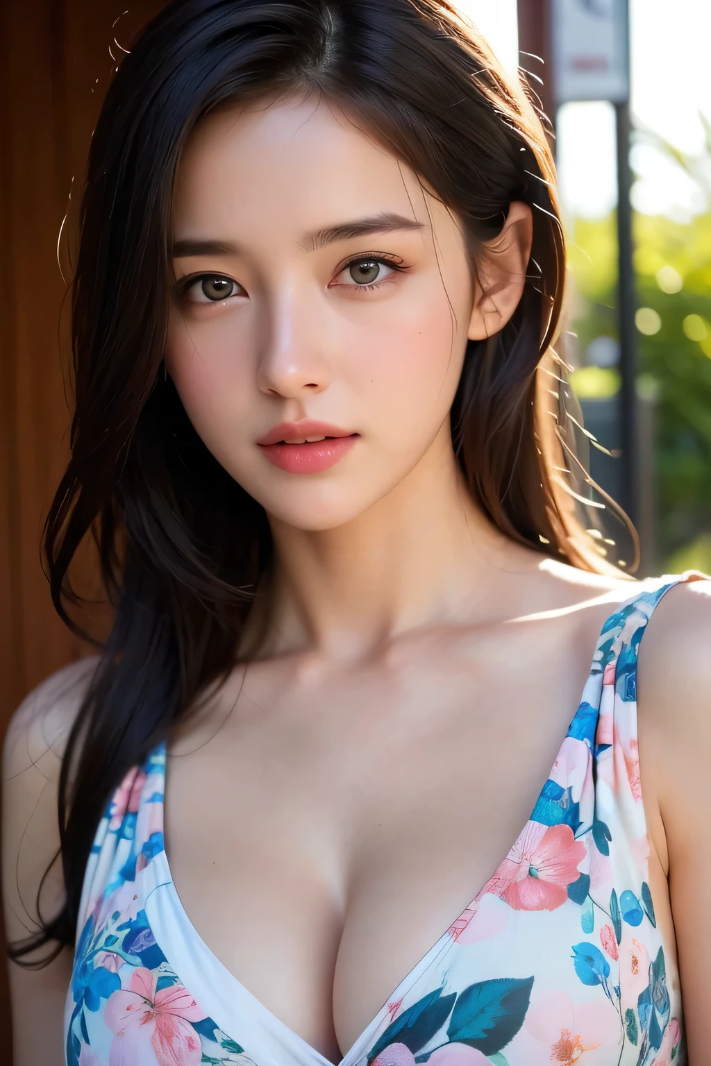 full_body,1girl, facial mix of phoebe cates, large breast, deep cleavage, no bra, (8k, RAW photo, best quality, masterpiece:1.2),(realistic, photo-realistic:1.37),illustration,an extremely delicate and beautiful,perfect female body,extremely detailed,photography,8k,Amazing,finely detailed,beautiful detailed eyes,best quality,ultra high res,((extremely detailed face)),(photo-realistic:1.37),(Floral_summer_dress:1.5),