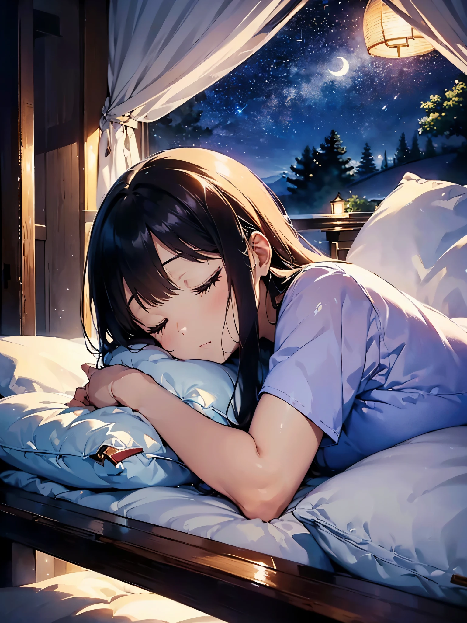 (peaceful dream,夜のtranquility,tranquility,restful sleep),(highest quality,super detailed,realistic),(painting),(shining star,gentle moonlight),(soft pillow,comfortable bed,dreamy atmosphere),(tranquility,luxurious sleep),(peaceful and calm),(subtle colors,dark and warm tones),(soft and diffused lighting)