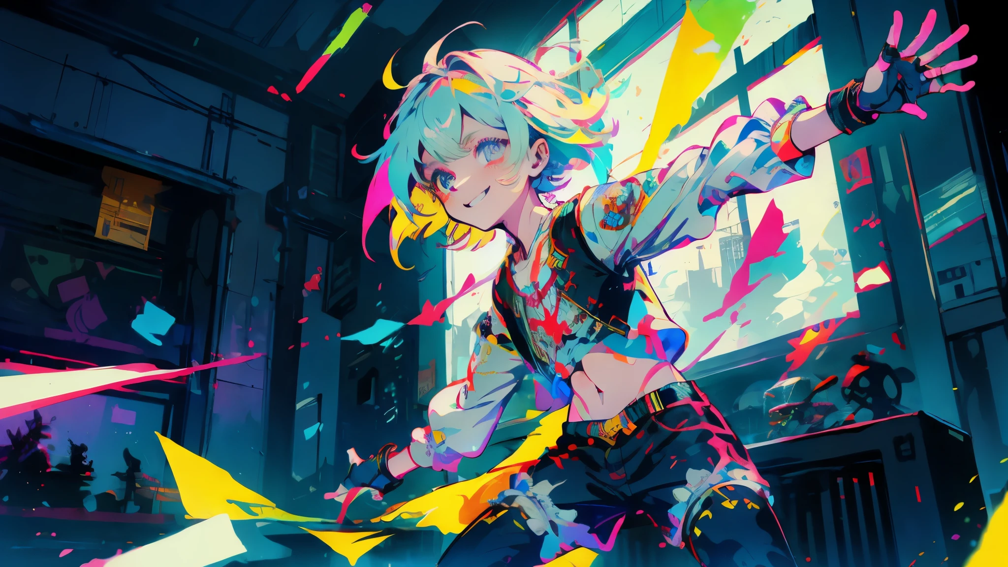 anime boy in a futuristic outfit, bishop sleeves, billowy clothes, Greek robe, digital cyberpunk anime art, divine, wild, angelic, maniaclly grinning, spirit unravelling, vertigo, hysteria, atmospheric, power, bird