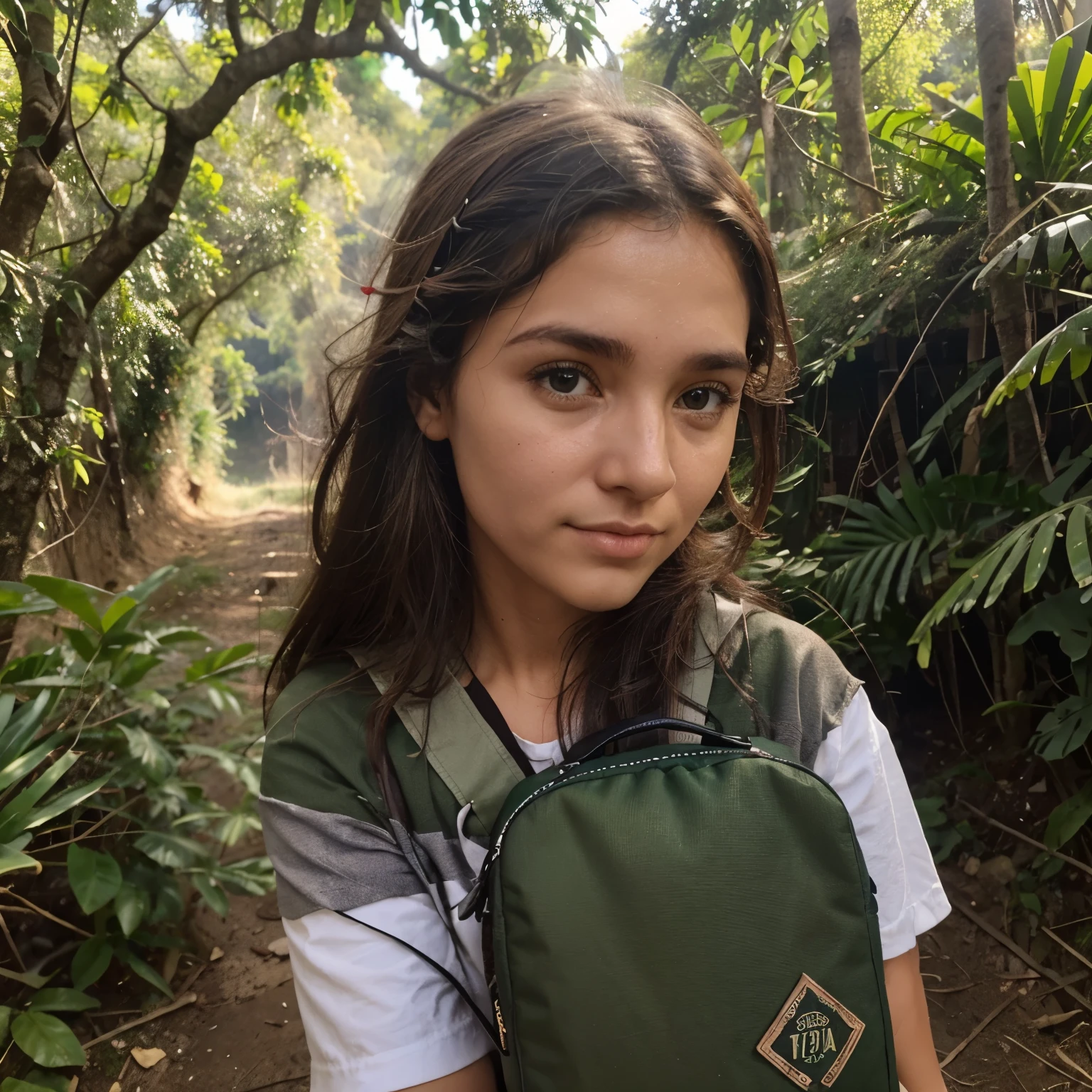 Vida na fazenda,(Cenas de vida:1.5) Descreva um jovem aventureiro com uma mochila nas costas, olhos cheios de curiosidade, adentrando uma densa floresta onde uma variedade de animais curiosos o observa com interesse
