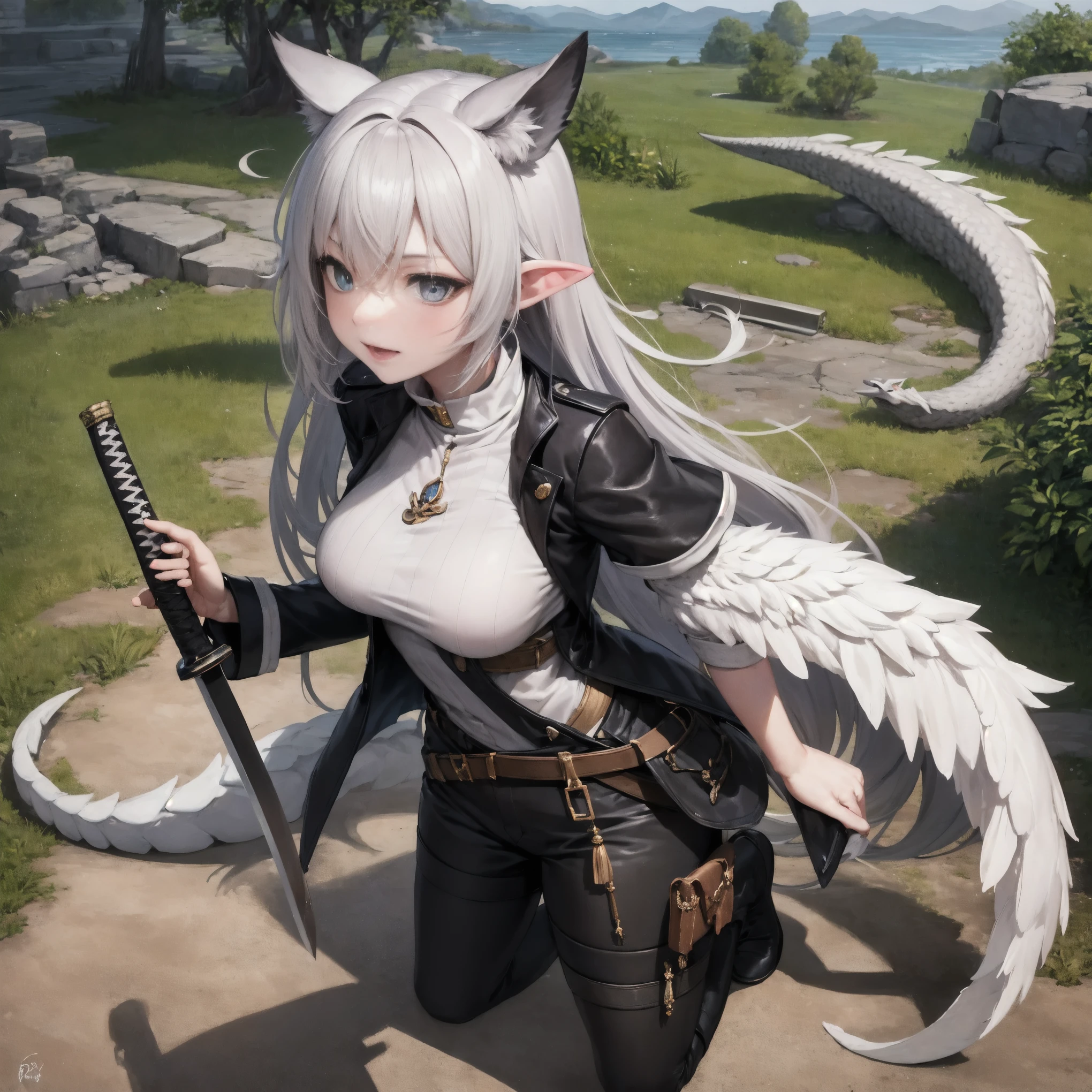 masterpiece, 8k resolution, high quality, high resolution, best quality, extremally detailed, best resolution, absurd resolution, ray tracing, high detailed, masterpiece, extremely detailed,detailed angelic face, shoulder length white hair, female, 2 white fox ears, teenage girl, slime body, white scale dragon tail, military boots,black leggings, military combat pants, black T-shirt, white jacket open, medium size chest, detailed blue eyes,solo female,1 dragon tail, tomboyish, thick dragon tail, white scales, 2 dragon wings, white fluffy dragon wings, detailed face, holding a katana sword,very detailed, amazing details,solo female, 1 female, detailed two white furry dragon wings