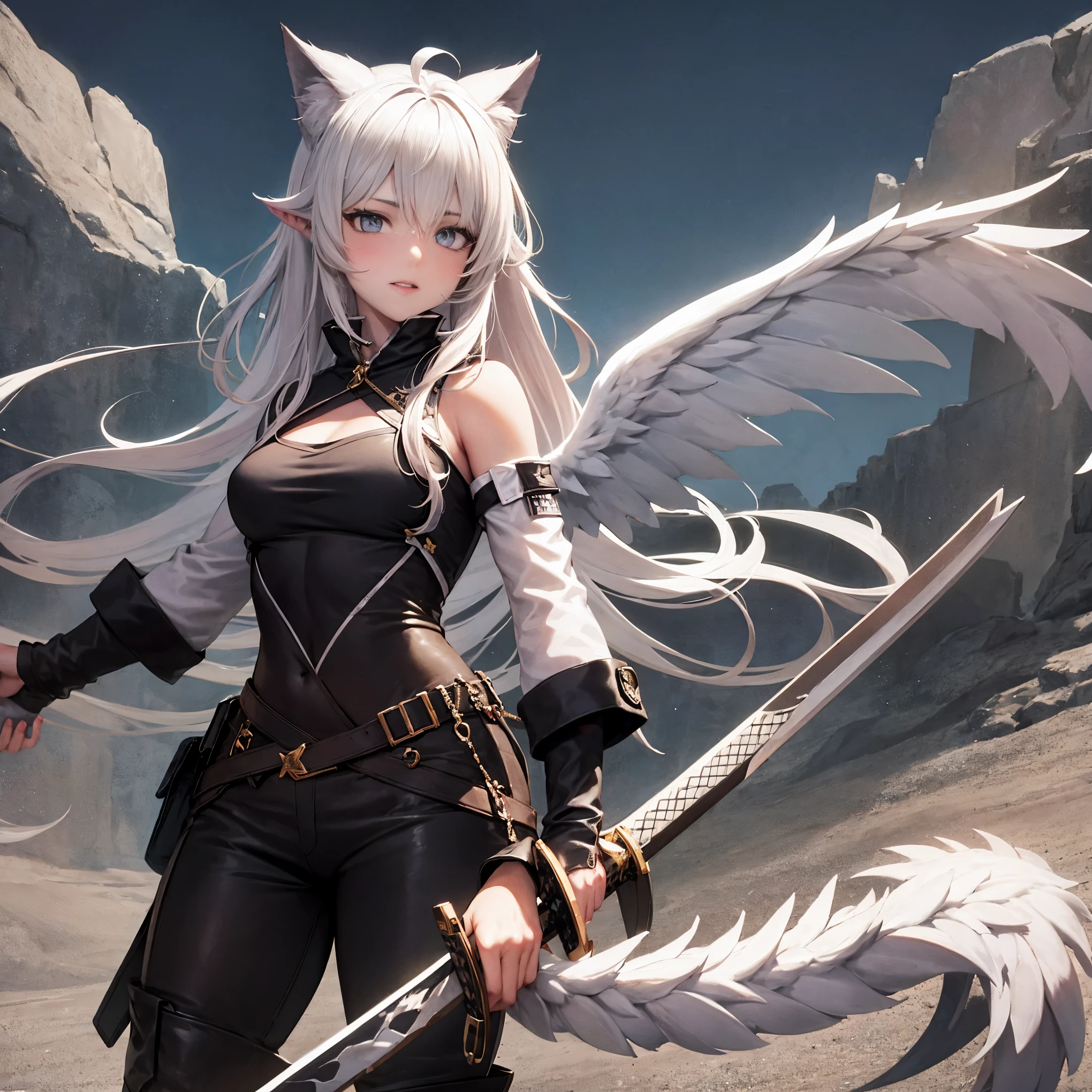 masterpiece, 8k resolution, high quality, high resolution, best quality, extremally detailed, best resolution, absurd resolution, ray tracing, high detailed, masterpiece, extremely detailed,detailed angelic face, shoulder length white hair, female, 2 white fox ears, teenage girl, slime body, white scale dragon tail, military boots,black leggings, military combat pants, black T-shirt, white jacket open, medium size chest, detailed blue eyes,solo female,1 dragon tail, tomboyish, thick dragon tail, white scales, 2 dragon wings, white fluffy dragon wings, detailed face, holding a katana sword,very detailed, amazing details,solo female, 1 female, detailed two white furry dragon wings