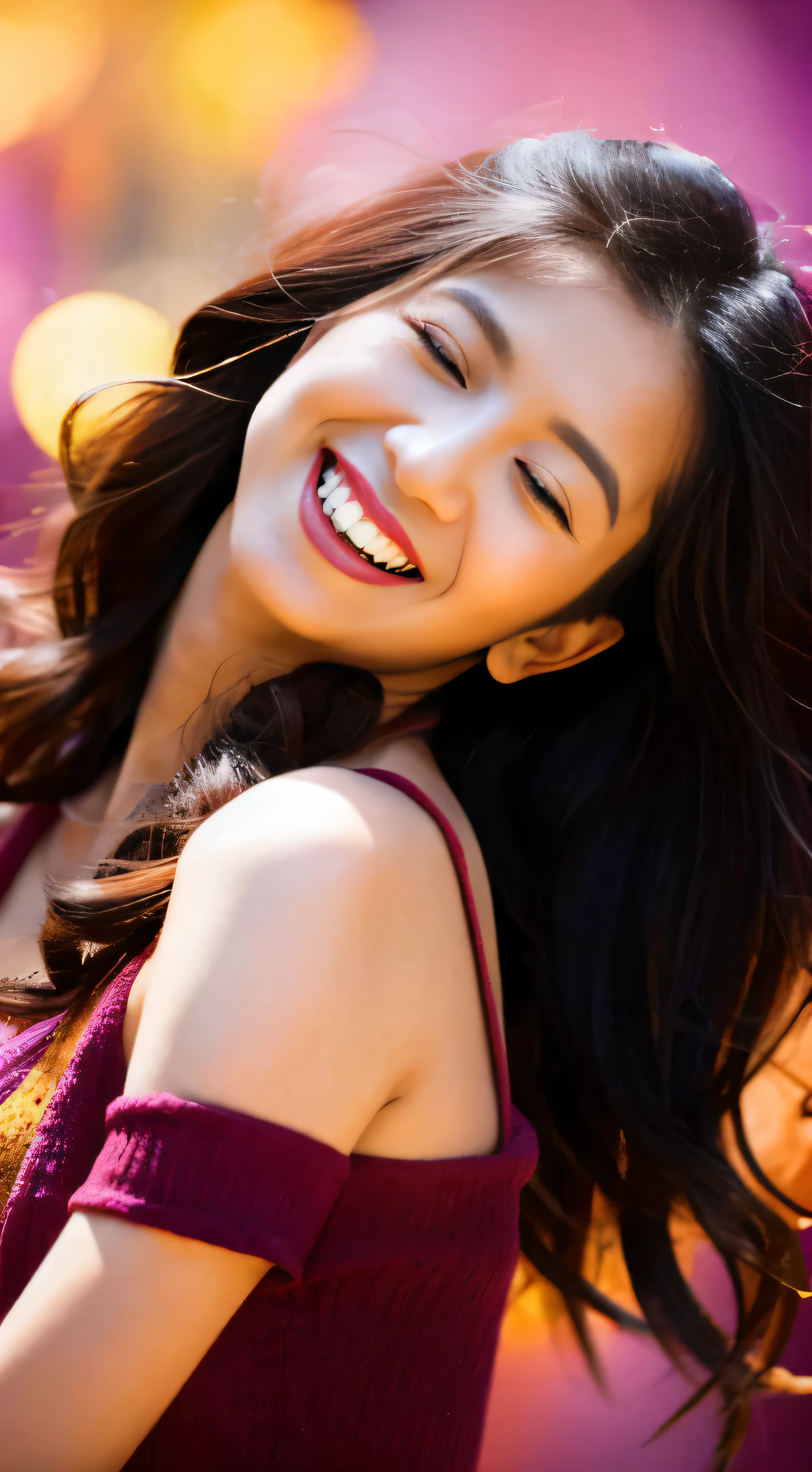 In this exquisitely crafted picture prompt, we present a captivating scene featuring Raiden Shougn, a girl with enchanting purple hair, closed eyes, and a contagious laugh that lights up the room. The ambiance is set against the backdrop of an invigorating orange background, enhancing the rich colors and textures of this top-quality, ultra-detailed masterpiece. As she lets loose a hearty laugh, her open mouth reveals the delight and joy etched across her expressive features. This portrait, filled with life and personality, is not to be missed.