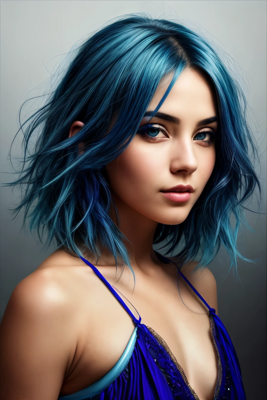 (RAW style, masterpiece, best quality, ultra-detailed), blue-haired woman, lost in music, lively and happy expression, striking stimulating eyes, attractive features, beautiful woman, expressive face, captivating gaze, radiant personality, vibrant aura, mesmerizing eyes, ultra high res, cinematic light, mood lighting, dramatic shadows, intricate details, high contrast, immaculate textures, soulful portrait.
