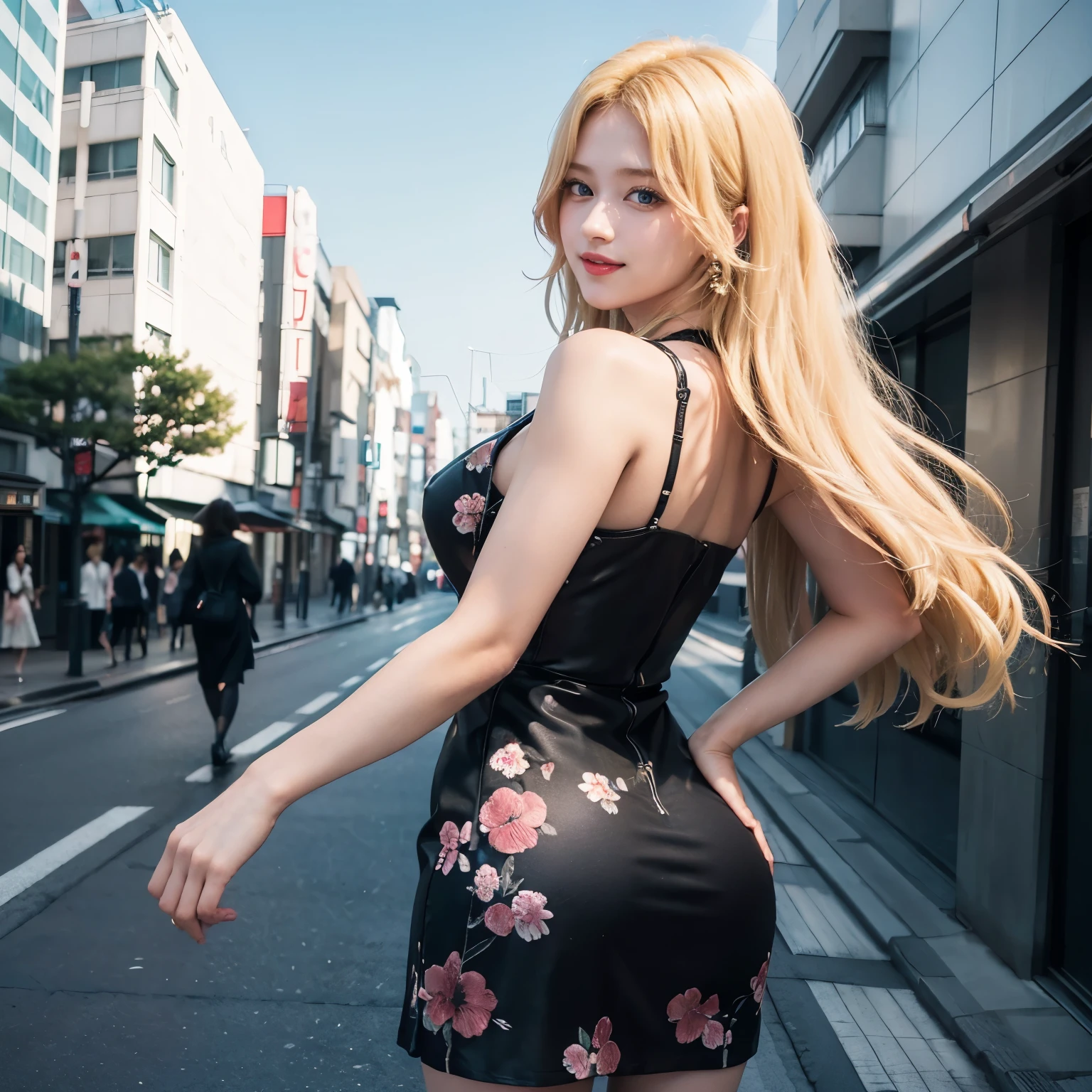 1girl, (Blue Eyes), (smiling), (Sana Minatozaki), wide hips, Big tits, big ass, (Best Quality, 8k, Masterpiece: 1.3), Clear Focus: 1.2, Perfect Body Beauty: 1.4, strong abs :1.2, Highly detailed face and skin texture, detailed eyes, double eyelids, (blond long hair :1.2), (short black floral dress :1.3), high stocking, standing, dynamic pose, view from back, view from below, on a street in tokyo japan