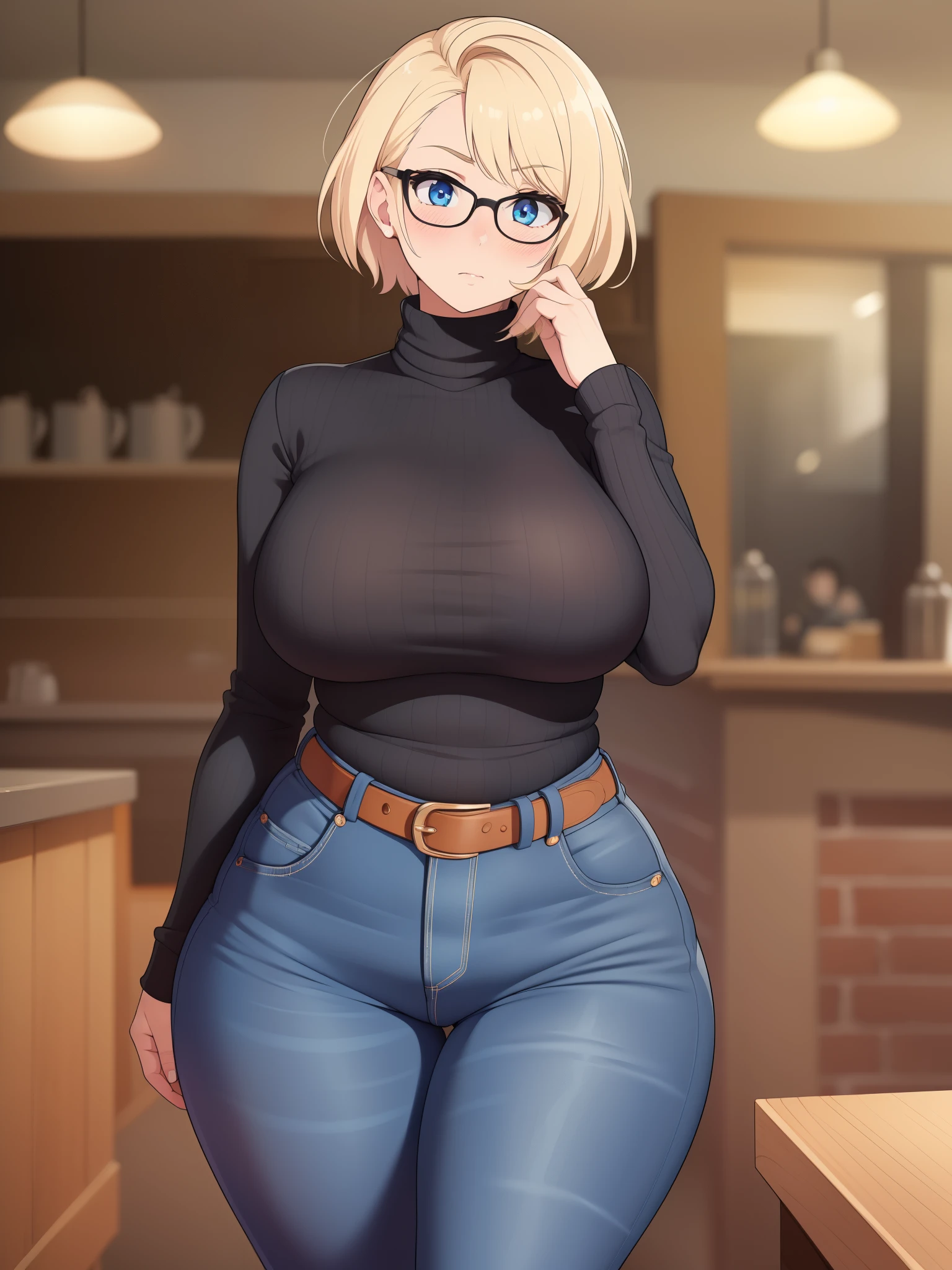 ((Masterpiece)), perfect anatomy, perfect shading, field of depth, (best quality), extremely delicate and beautiful, perfect lighting, detailed face, ultra cute face, cute, (cowboy shot 1.2), full body, (((1girl))), ((solo)), looking at viewer,

short hair, fluffy hair, blonde hair, blue eyes, Glasses, ((Blush)), shy, nervous, (black turtleneck sweater 1.5), (jeans 1.2), belt, extremely tight clothes, large breasts, ((wide hips)), ((thick thighs)), ((chubby)), chubby belly,

coffee shop, intricate background, detailed background,