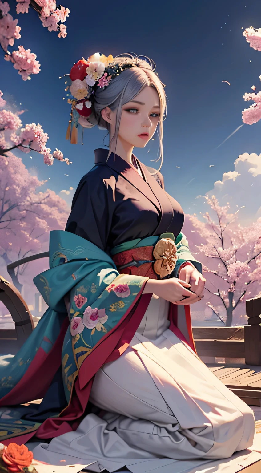 arafured woman in a kimono, adorned with exquisite flowers atop her head, starring in a beautiful digital artwork, created with the finest brushes and colors, meticulously crafted in the style of Guweiz, offering a photorealistic anime girl render, graced with a smooth anime CG art finish, showcasing a stunning digital illustration, intricately detailed with every petal and fabric texture captivating the viewer, an April render brought to life with great digital art, capturing her essence in a gorgeous digital painting.