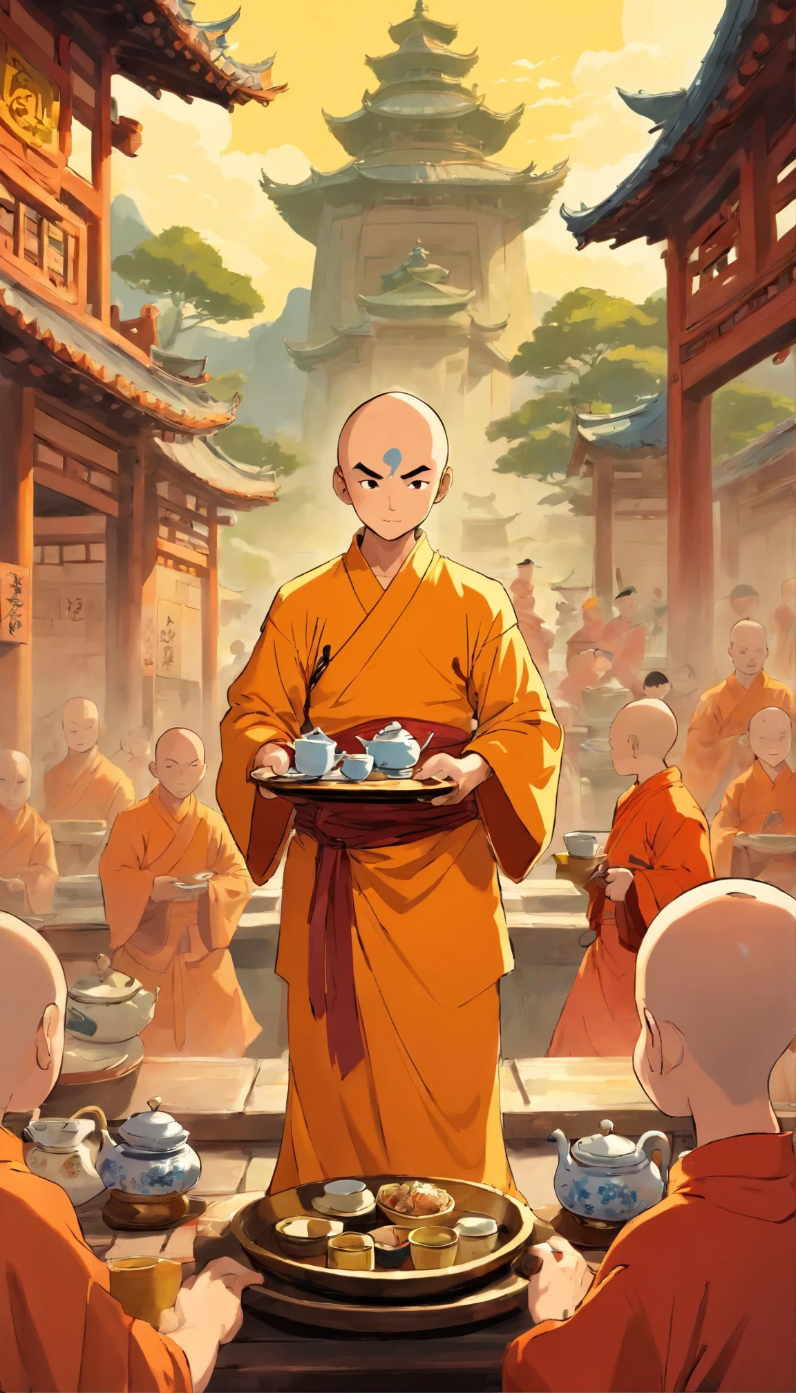 Bald Shaolin , en medio de un templo, The boy is seen serving tea on a tray that he carries to the other monks.,
