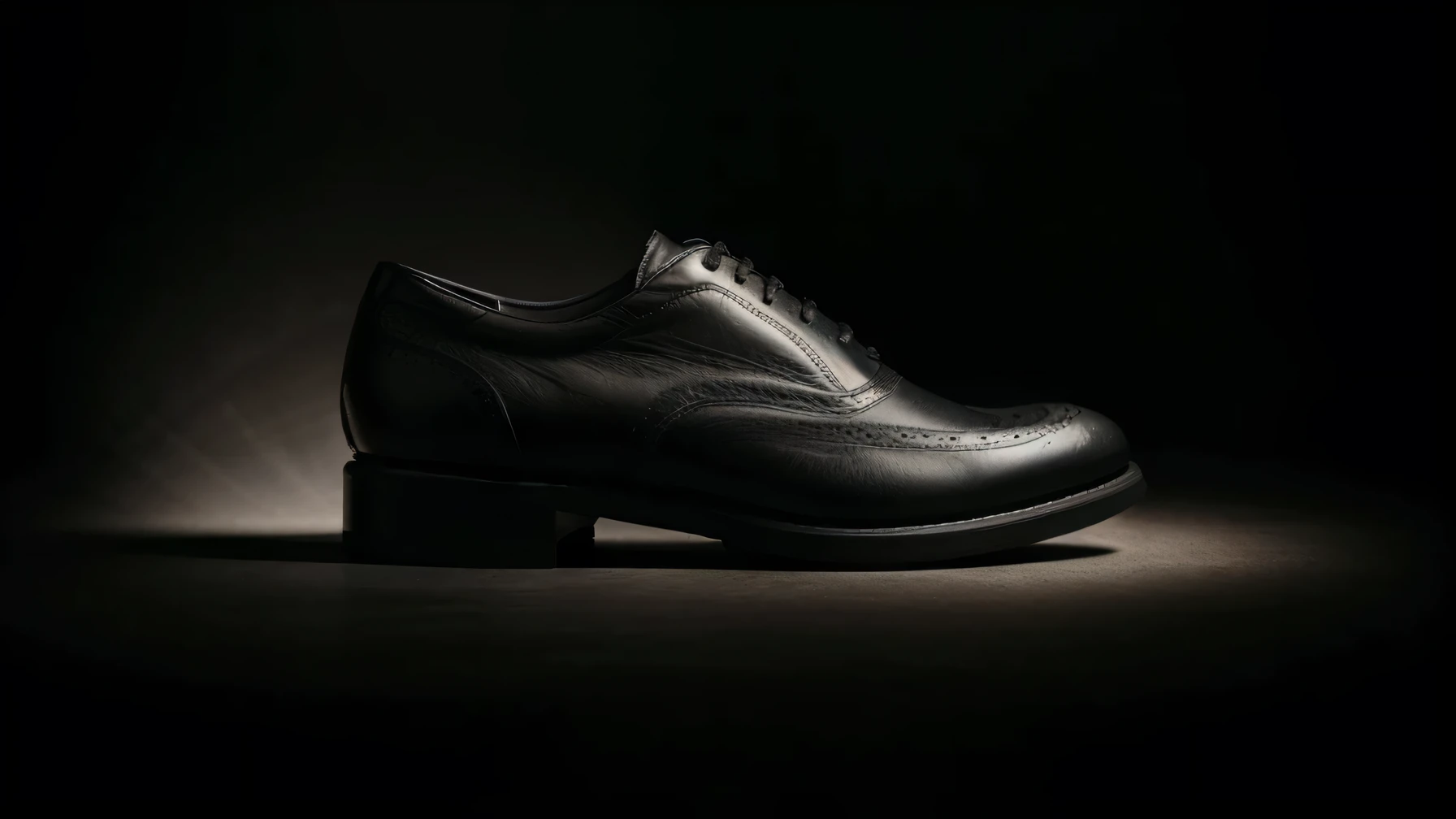 man brushing elegant black shoe in black background, really dark setting, with flood light illuminating the subject, wide angle shot, 8k, resolution, high resolution, absurd-resolution, detailed.