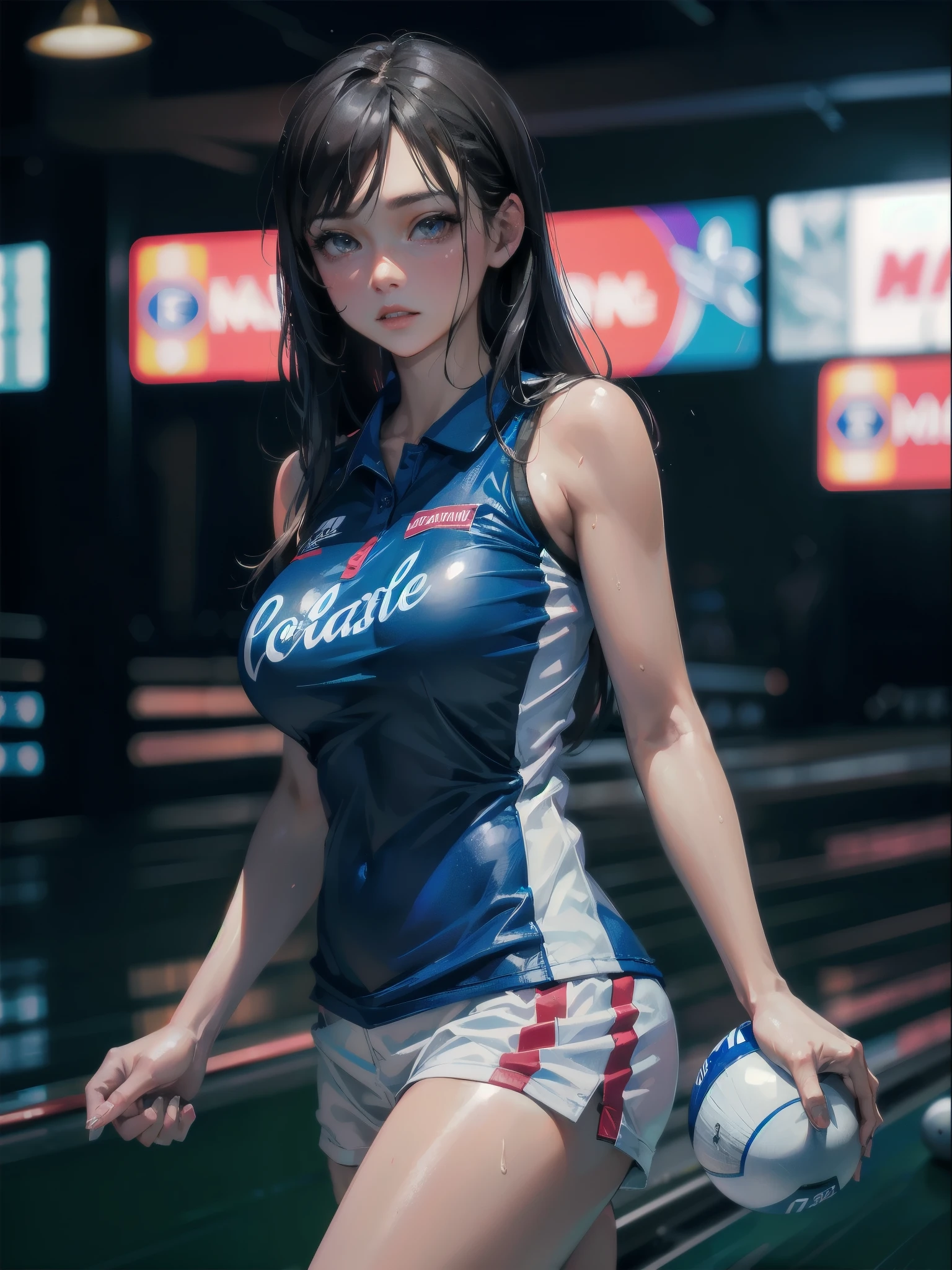 high quality,HD,16k,sharp lines,1 girl,Female bowling athlete ,cute face, , nice legs,At the bowling venue,focus girl,detailed beautiful face,detailed clothes,beautiful eyes,cool,dynamic angle