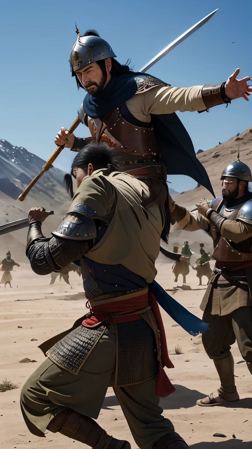 A jumping Kayı warrior kicks the Mongol in the face.