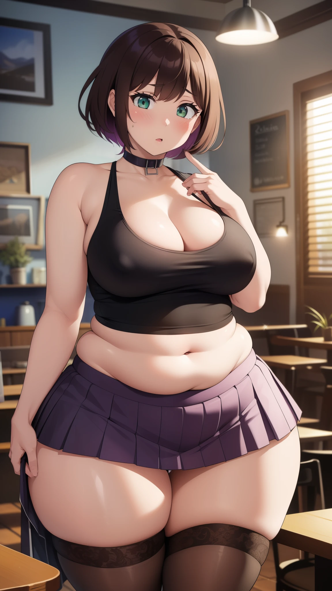 ((Masterpiece)), perfect anatomy, perfect shading, field of depth, (best quality), extremely delicate and beautiful, perfect lighting, detailed face, ultra cute face, cute, (cowboy shot 1.2), full body, (((1girl))), ((solo)), looking at viewer,

short hair, brown hair, green eyes, ((Blush)), shy, nervous, (tank top 1.5), (short pleated skirt 1.5), thigh highs, chocker, extremely tight clothes, large breasts, cleavage, ((wide hips)), ((thick thighs)), ((chubby)), chubby belly,

coffee shop, intricate background, detailed background,
