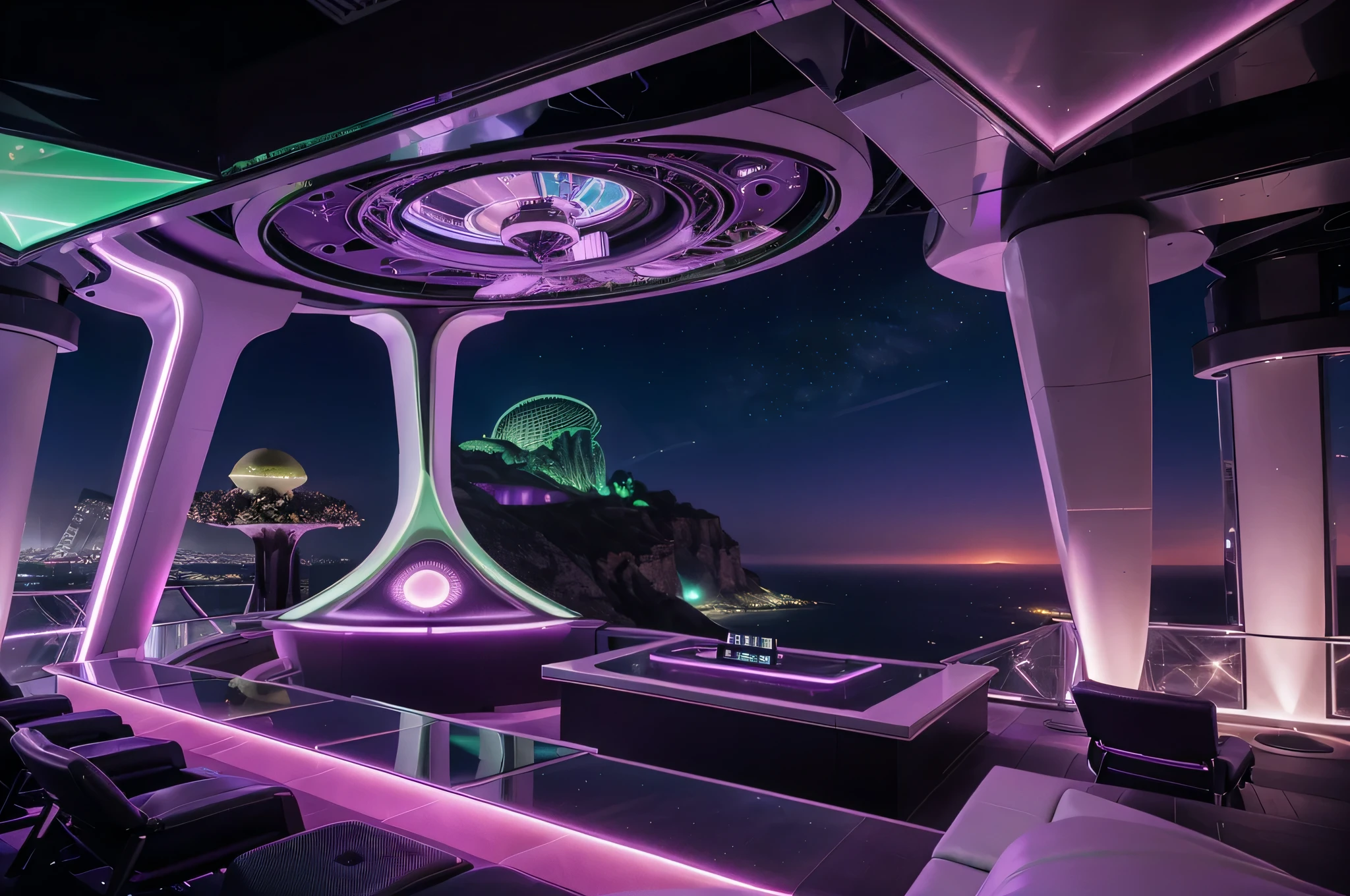 purple and green futuristic nightclub perched on the edge of a cliff on a different planet with an Mediterranean climate, bright celestial objects on the sky, pink sunset, show the unique architectural design, luxurious atmosphere and lively ambiance with futuristic technology such as holographic displays and advanced entertainment systems