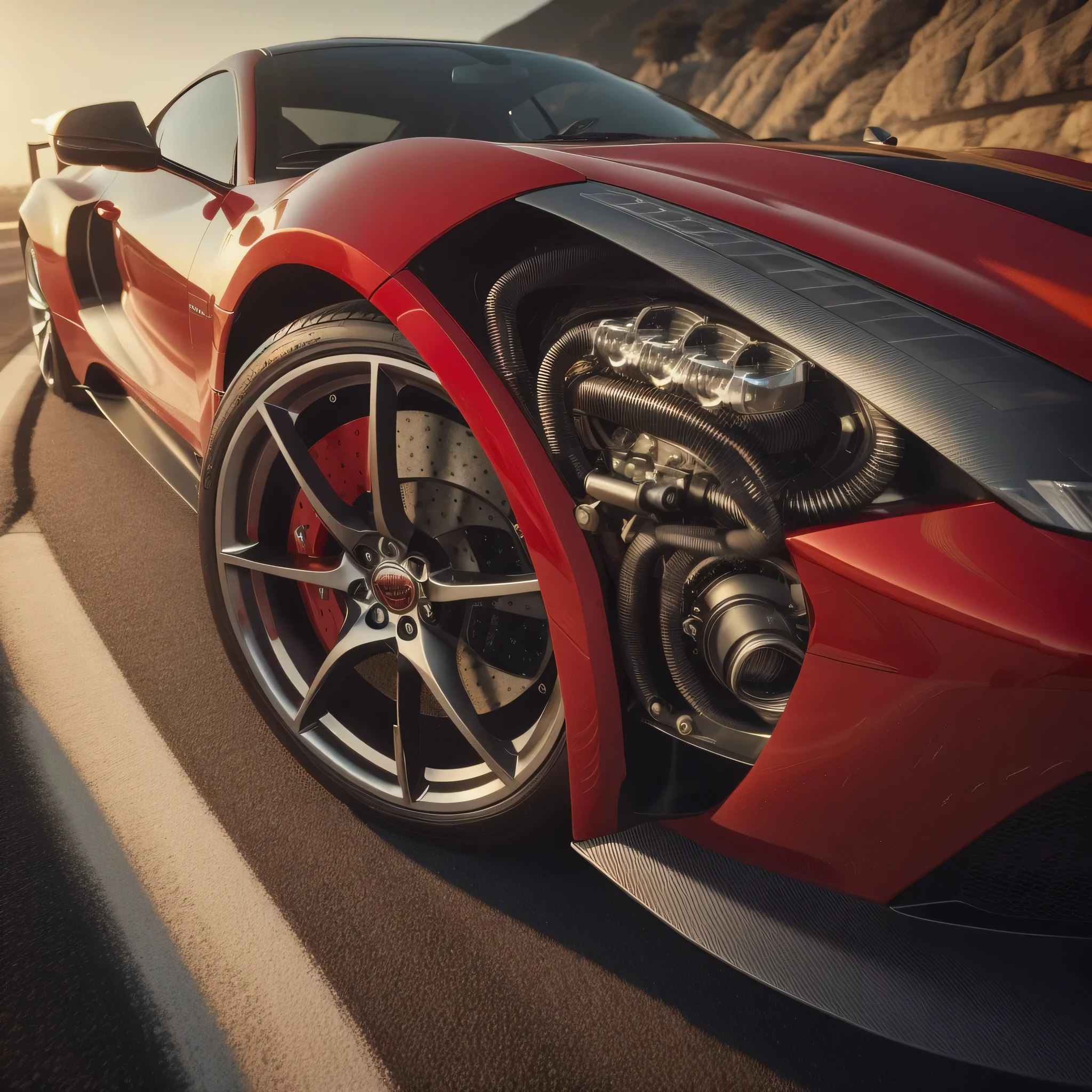 a close up of a red sports car driving on a road, automotive photography, octane engine render 8k hdr, hyper realistic detailed render, hyper real render, highly detail. octane render, hyper realistic octane render, vehicle photography, octane render”, highly detailed octane render, octane render ”, 3d high octane render, photo realistic octane render, realistic. octane render