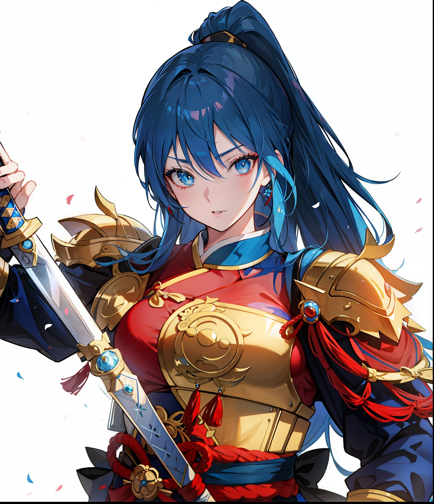 anime girl with blue hair and blue eyes holding a sword,  Clear cosplay portrait,  Zodiac Girl Knight Portrait, katana zero video game character, Chinese style characters，Handsome的，blue high ponytail，huge breasts，Inspired by Mulan，female general，prostitute，coquettish，Ace，Handsome，Beauty