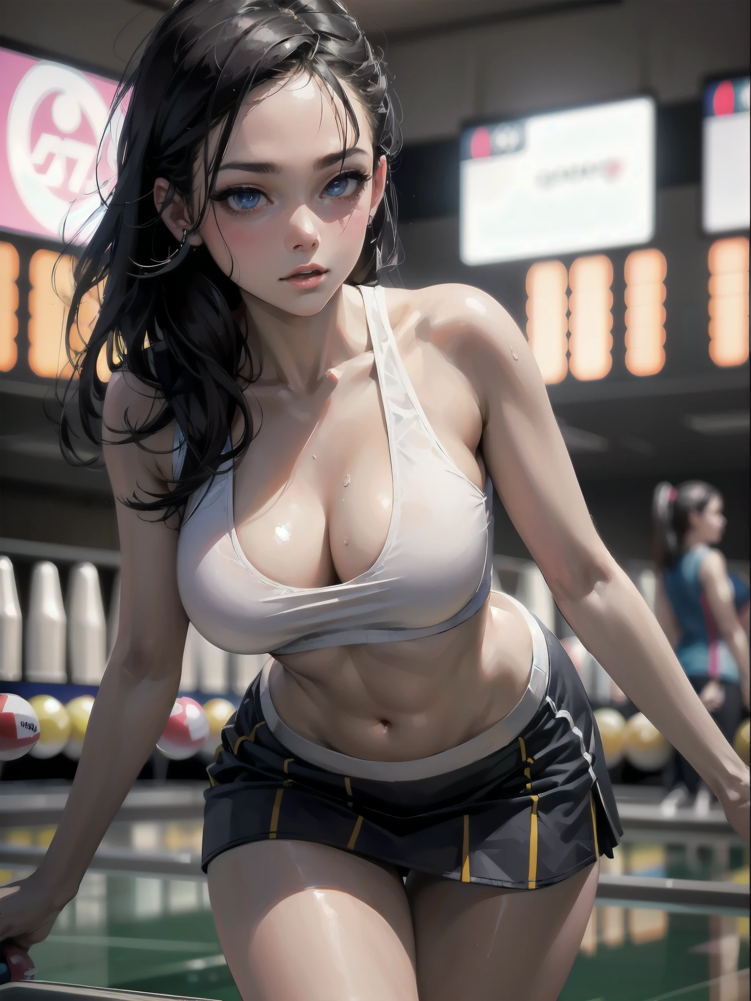 high quality,HD,16k,sharp lines,1 girl,Female bowling athlete ,cute face, large breasts, nice legs,At the bowling venue,focus girl,detailed beautiful face,detailed clothes,beautiful eyes,cool,dynamic angle
