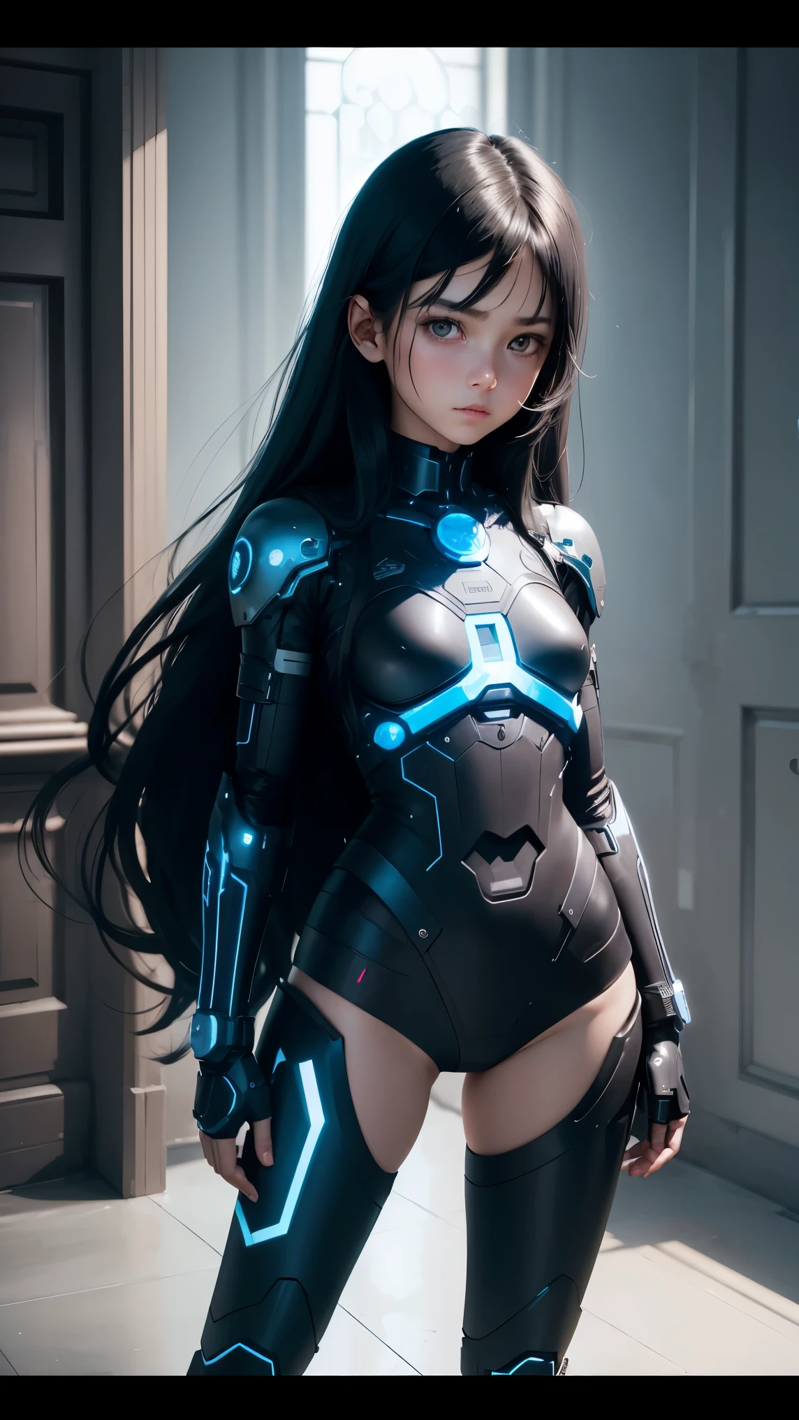 Ultra realistic girl , 8 , very long black hair frinje , technological plate fused to the chest blue energy core , no expression. Cyborg arms and legs mechanical limbs . Dark mansion . Standing front , Ex-machine.