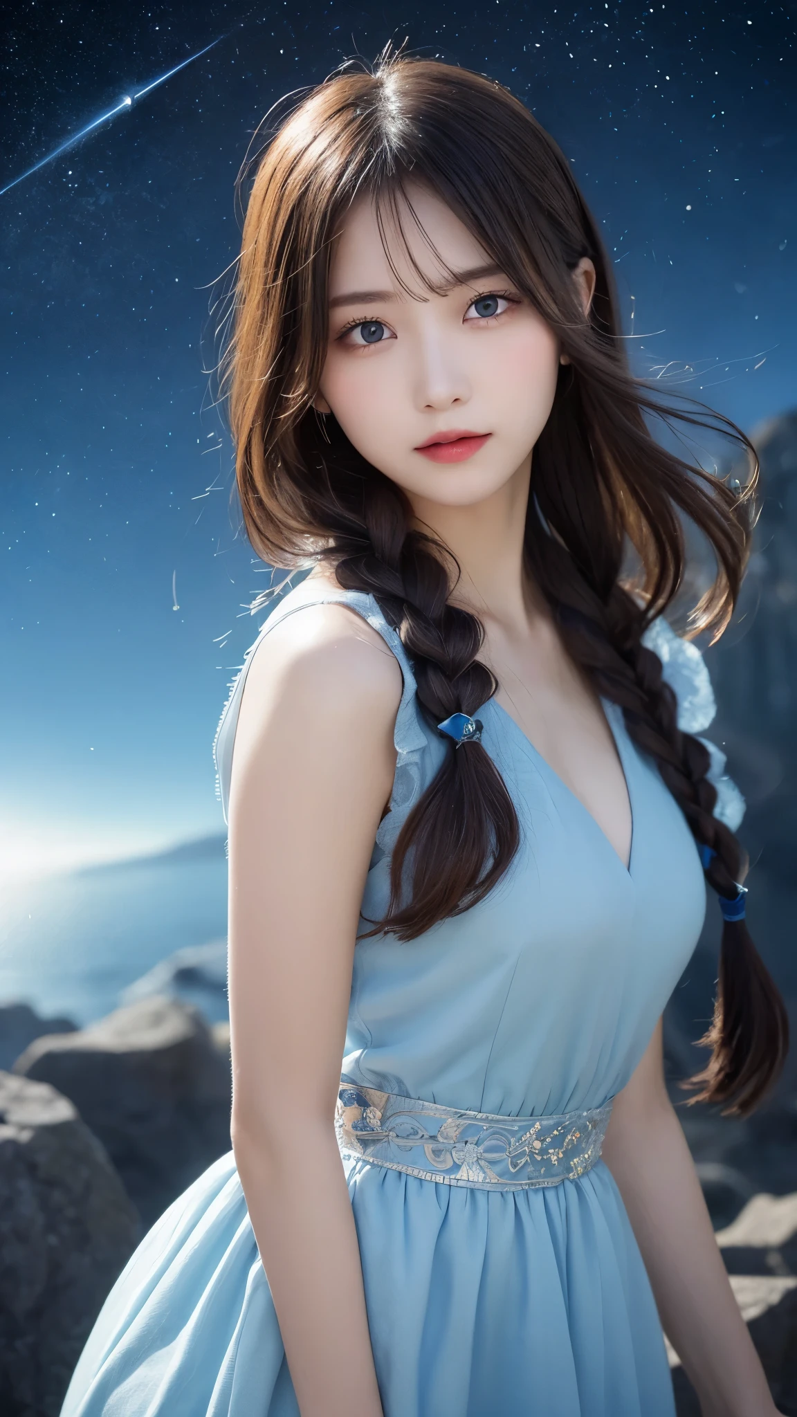 table top, highest quality, figure, super detailed, finely, High resolution, 8k wallpaper, 完璧なダイナミックな構figure, detailed and beautiful eyes, Women's fashion🍂,medium hair,、natural color lip, bold sexy pose,smile、20 year old girl、cute、sexy shot looking at camera、long silver hair、blue eyes、Divide your hair into left and right parts, braid it and tie it with a ribbon.、Eyes full of intelligence and curiosity、Long dress based on white and blue、A blue gemstone shaped like the constellation Gemini on the chest