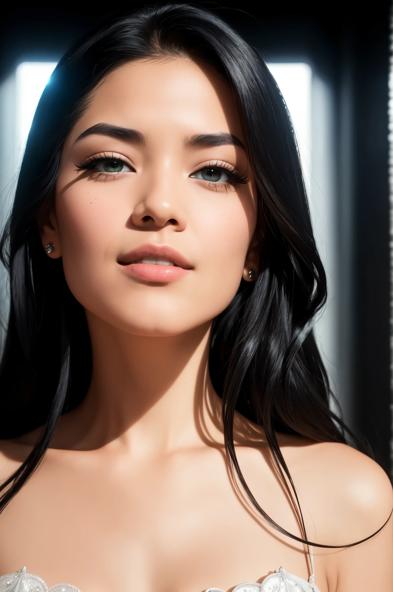 Photo of a woman with long, black hair and dramatic, long eyelashes, (Portrait), (Detailed face:1.2), (Facial features: expression of light smile), (Surrealistic element: fang), ((Detailed: drop shadow), (Art techniques: anaglyph, stereogram, tachi-e)), (Perspective: point of view), (Atmospheric elements: soft lighting, deep perspective), 8k resolution, Super detailed, Curated, Best quality image, captured using Canon EOS R6, 100mm Macro Lens, F/4, nffsw.