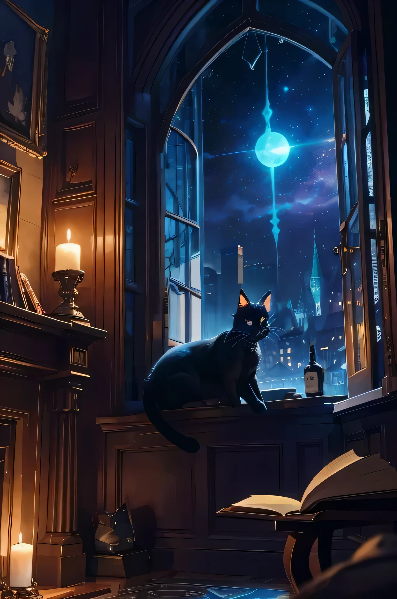 plusieurs bouteilles d'alcool vides sont posées sur le rebord de la fenetre près du chat noir