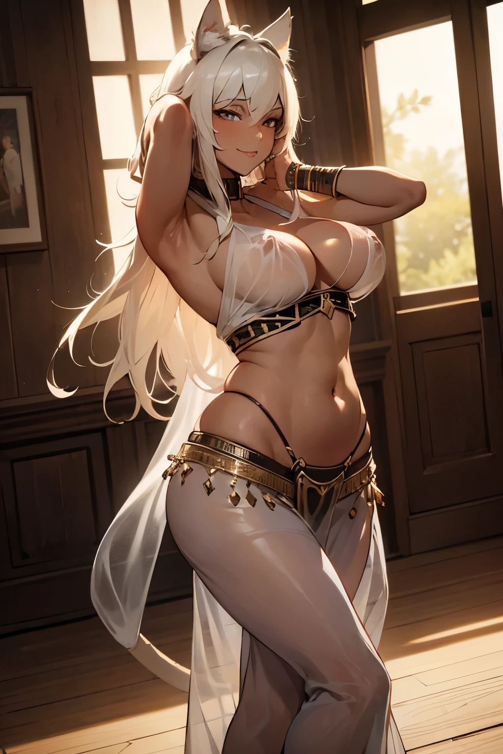 (masterpiece), best quality, highly detailed faces, (SHARP details), 4k, highly detailed, expressive eyes, SHARP detail expressive eyes, (SHARP detail perfect face), ((female gladiator)), ((dark skin)), (cat ears), (cat tail), ((platinum blonde hair)), (slave collar) amber eyes, long hair, tomboy, (mature woman), (large breasts), smiling, ((prostitute princess)), (((dancing))), (oriental ((belly dancer outfit)), (see-through silk), (rich arabic interior),