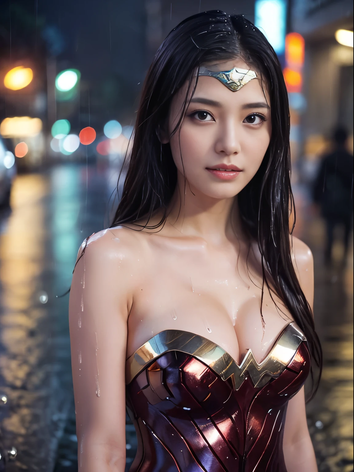(8k, RAW photo, highest quality, masterpiece: 1.2), (realistic, photorealistic: 1.37), 1 girl,Upper body, wonder woman costume、完璧なwonder woman costume,Japanese people々, 25 years old, woman, daytime, rain, cityscape, street, Natural light, photon mapping, radio city, dark brown hair, detailed face, lip details, fine eyes, detail skin, double eyelid, Front view, (normal chest: 1.5), (Nipple processing: 1.3), perfect body, (((rain wet, rain wet, wet body : 1.2)), shiny skin, standing without an umbrella, sexy pose, sexy look, eye contact with camera