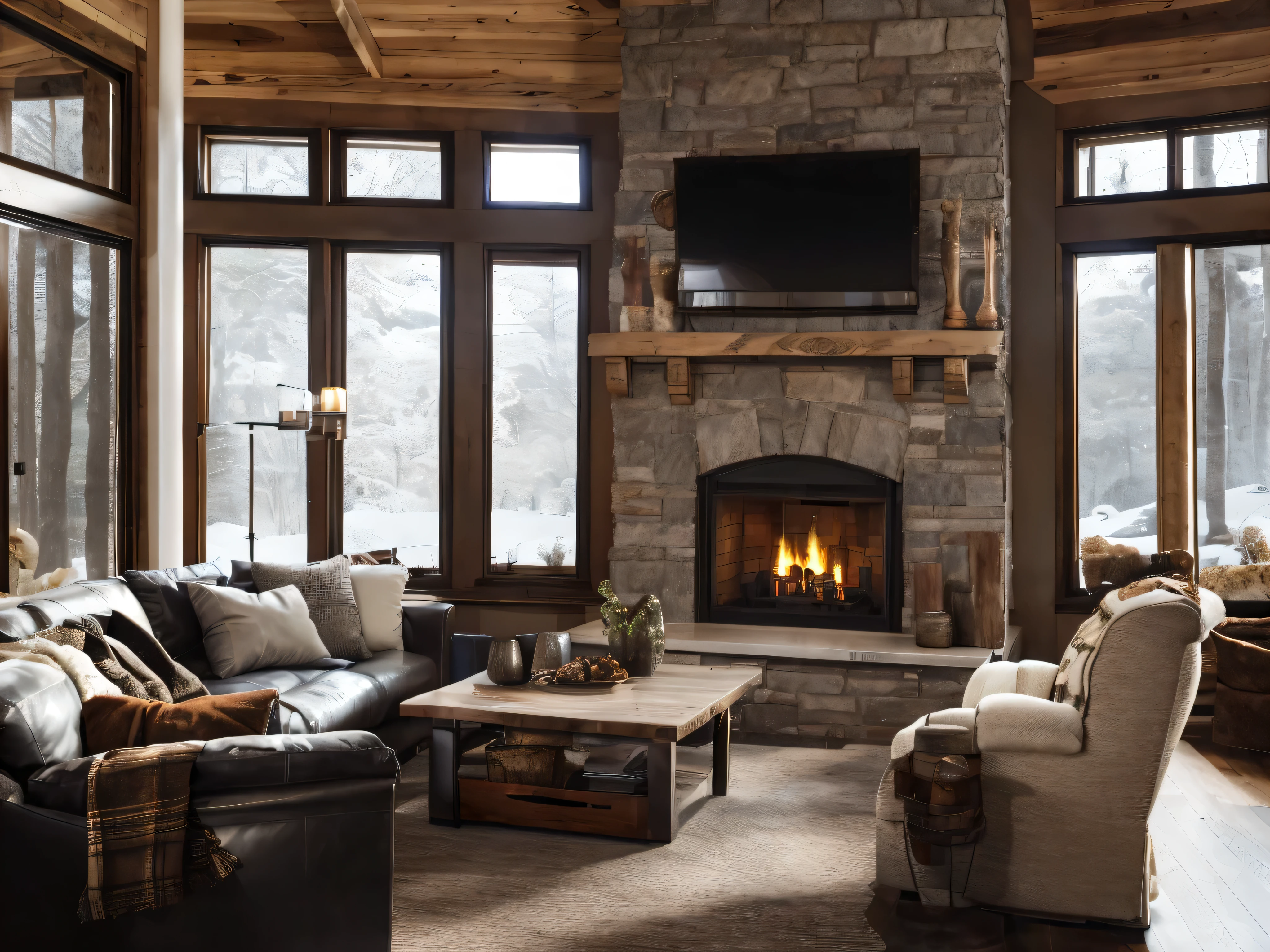 arafed living room with a fireplace and a television above it, traditional fireplace, in front of a fireplace, fireplace, a wide full shot, warm fireplace, warm living room, full image, fireplace lighting, high quality image, in a medium full shot, sitting in rural living room, medium wide shot, cozy contemporary living room, environmental shot, wide shot photo