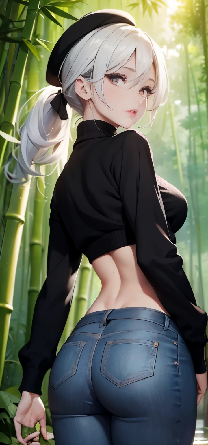 1womanl，43 yeas old，Thin waist，long legs，plumw，Raised sexy， solo，Combat posture，（Background with：Deep in the bamboo forest，Ground area water，roses，the rainforest，）Snow-white skin， She has short black hair with white streaks，ponytail，Redlip，Expression of anger，seen from the back， mostly cloudy sky，（（（tmasterpiece），（Very detailed CG unity 8K wallpaper），best qualtiy，cinmatic lighting，detailed back ground，beatiful detailed eyes，Bright pupils，（Very fine and beautiful），（Beautiful and detailed eye description），Black eyes，Redlip，ultra - detailed，tmasterpiece，）），facing at camera，A high resolution，ultra - detailed，sexyposture，Flushed complexion，red beret，（Wearing: black jeans, black turtleneck sweater), bare midriff