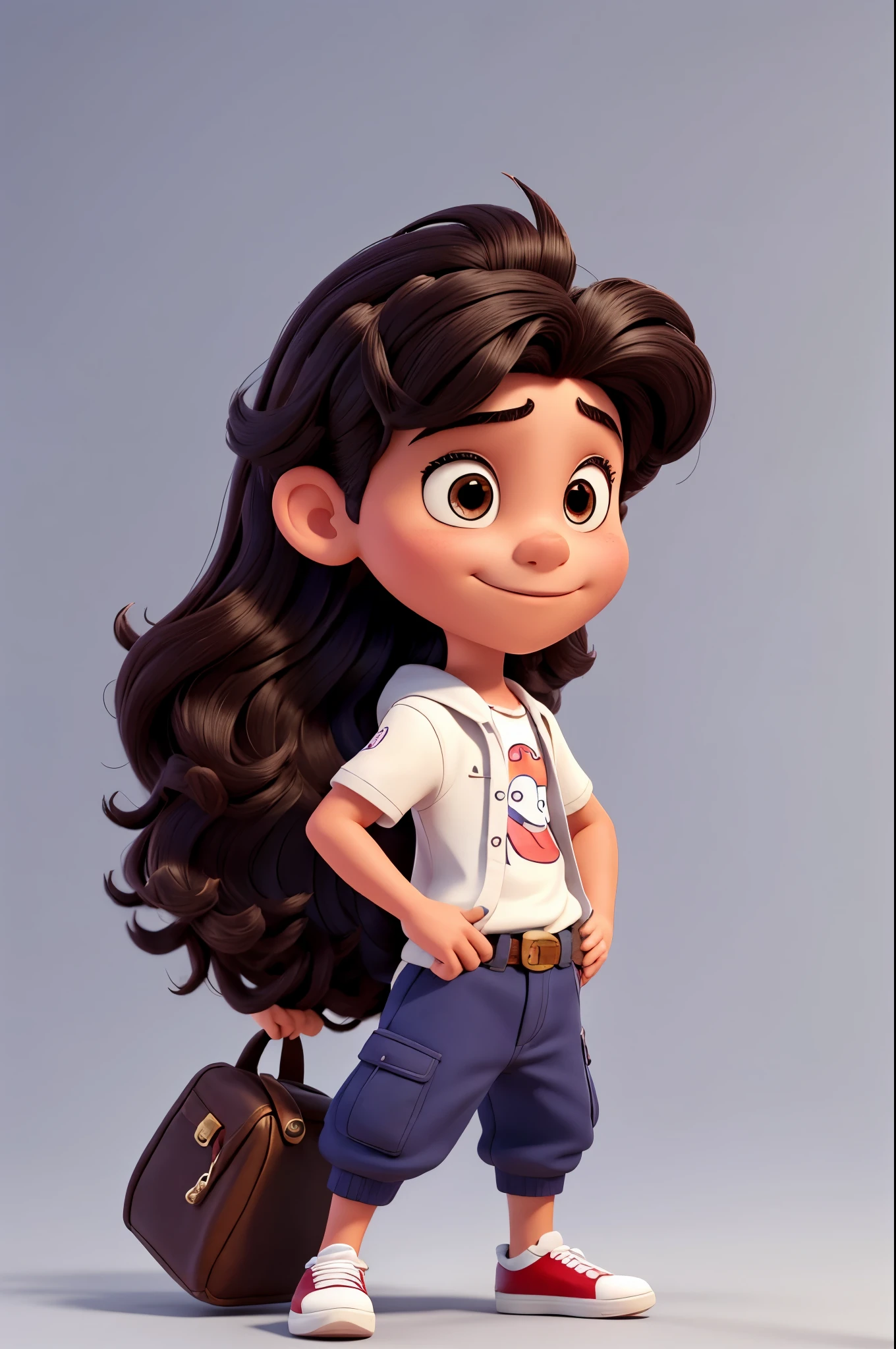 Personal disney,personagem do sexo feminimo cabelo ondulados,branca,16 anos,calca cargo preta,tenis branco,camisa branca